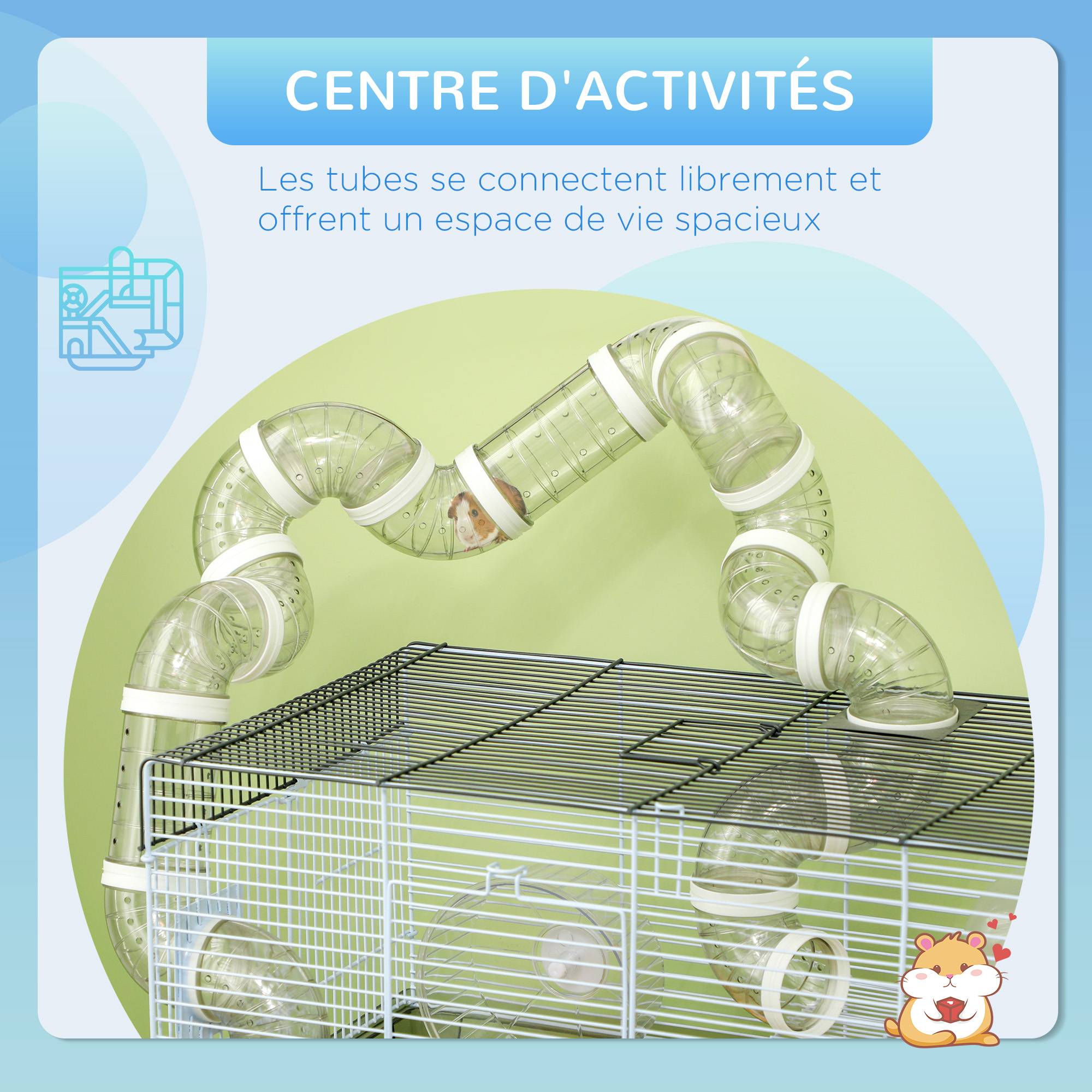 Cage hamster fil acier pour petits rongeurs avec tunnel et accessoires 58x32x31cm gris - ComfortXL Outdoor Living - Image 6