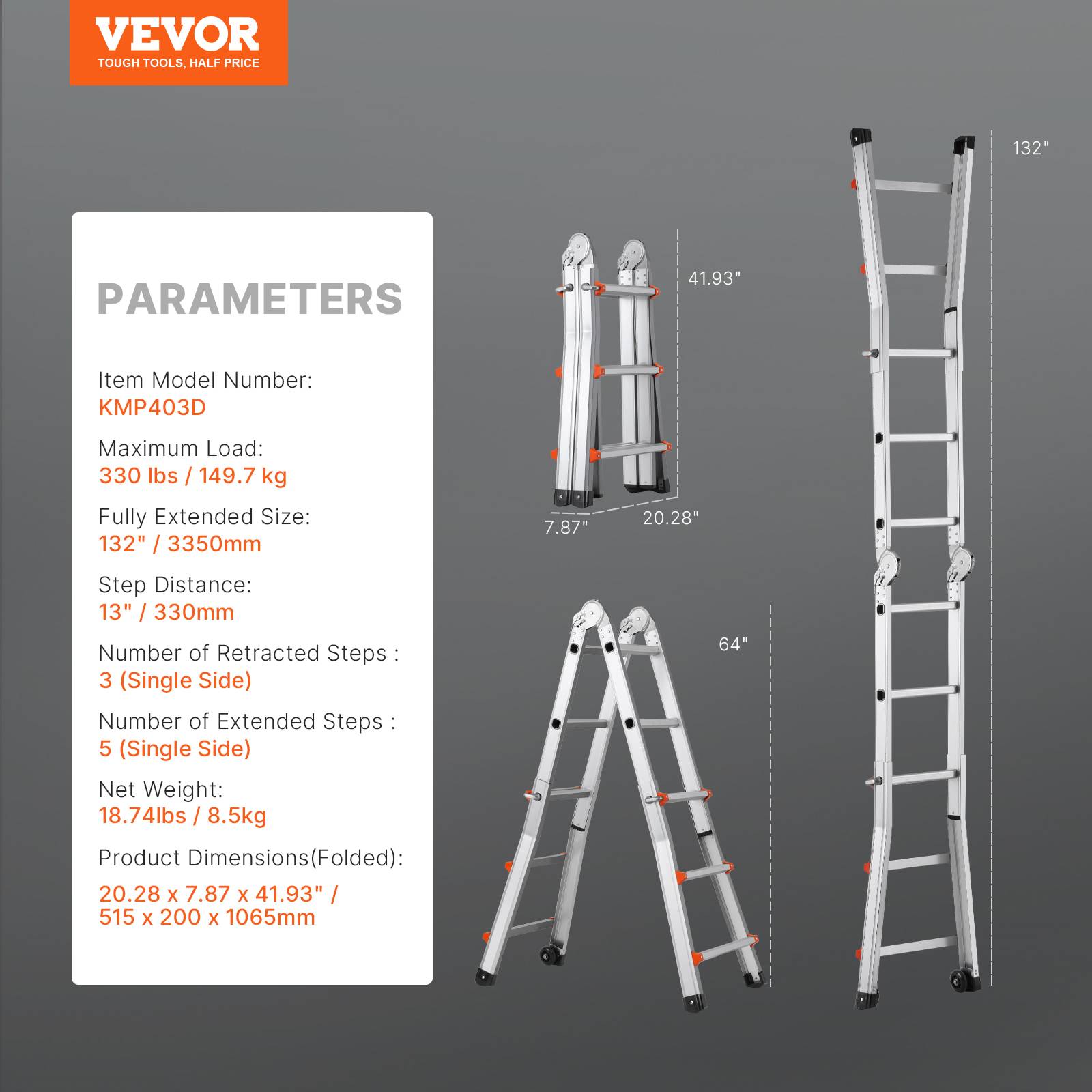 VEVOR Échelle télescopique A en aluminium 10 pieds. Pliable, multifonction. Charge 330 lb. Intérieur/extérieur. - Image 7