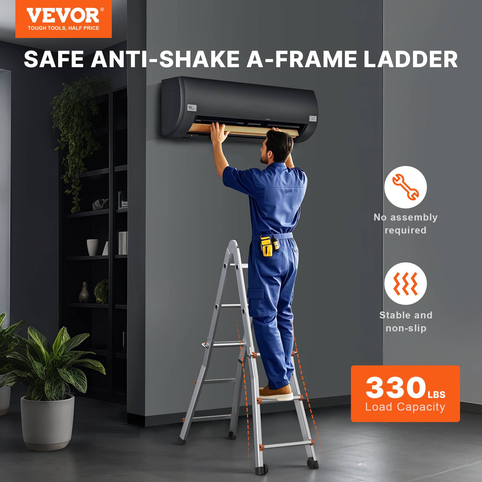 VEVOR Échelle télescopique A en aluminium 10 pieds. Pliable, multifonction. Charge 330 lb. Intérieur/extérieur. - Image 2
