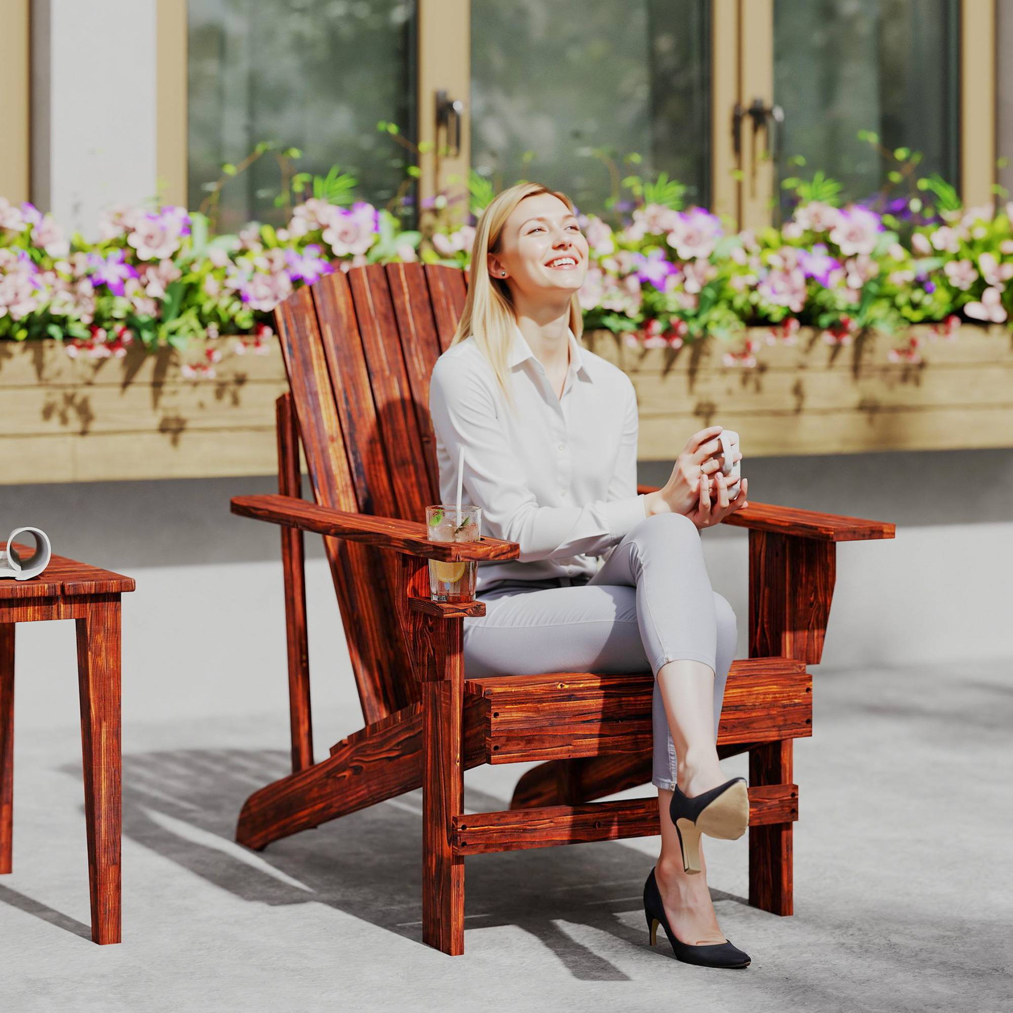 Fauteuil Adirondack bois sapin terrasse Dossier haut et porte-gobelet 72x95x93cm Marron - ComfortXL Outdoor Living - Image 4