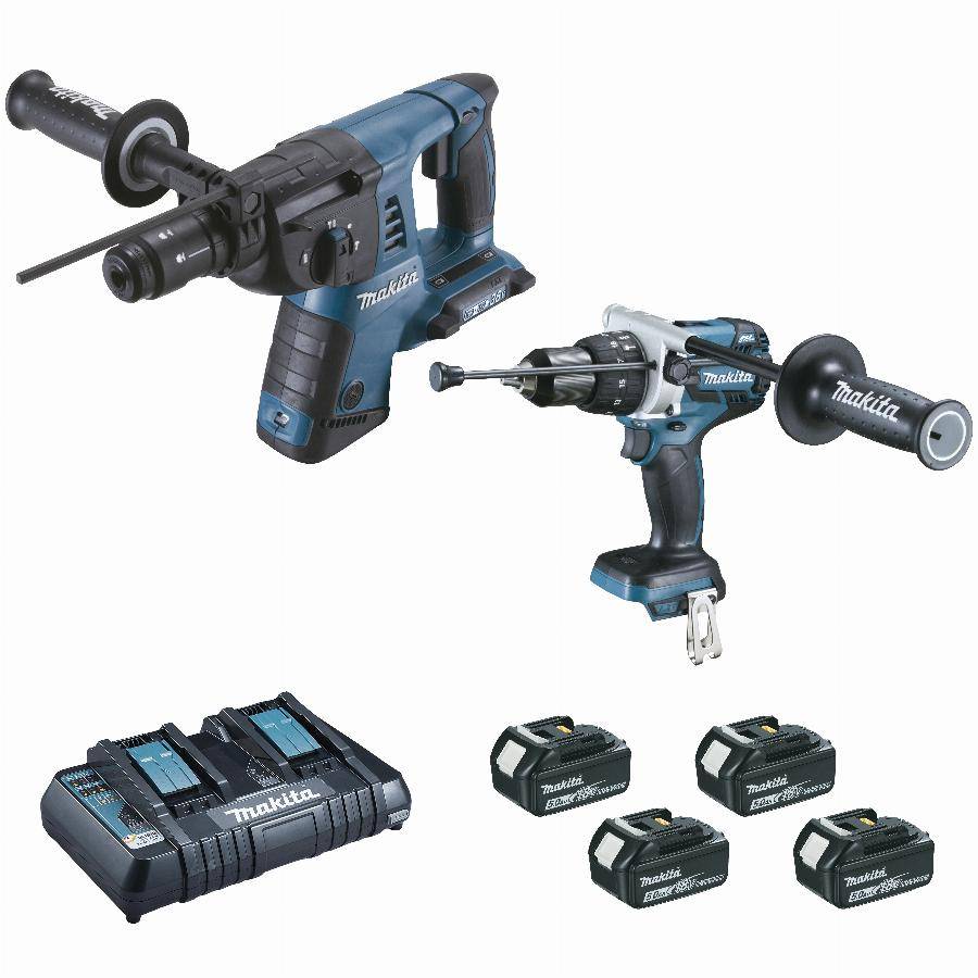 Makita - Ensemble de 2 machines 18V Perforateur DHR264 + Perceuse DHP481- MAKITA - avec 2 batteries 18V 5.0Ah - chargeur - MakPac - DLX2101PTJ
