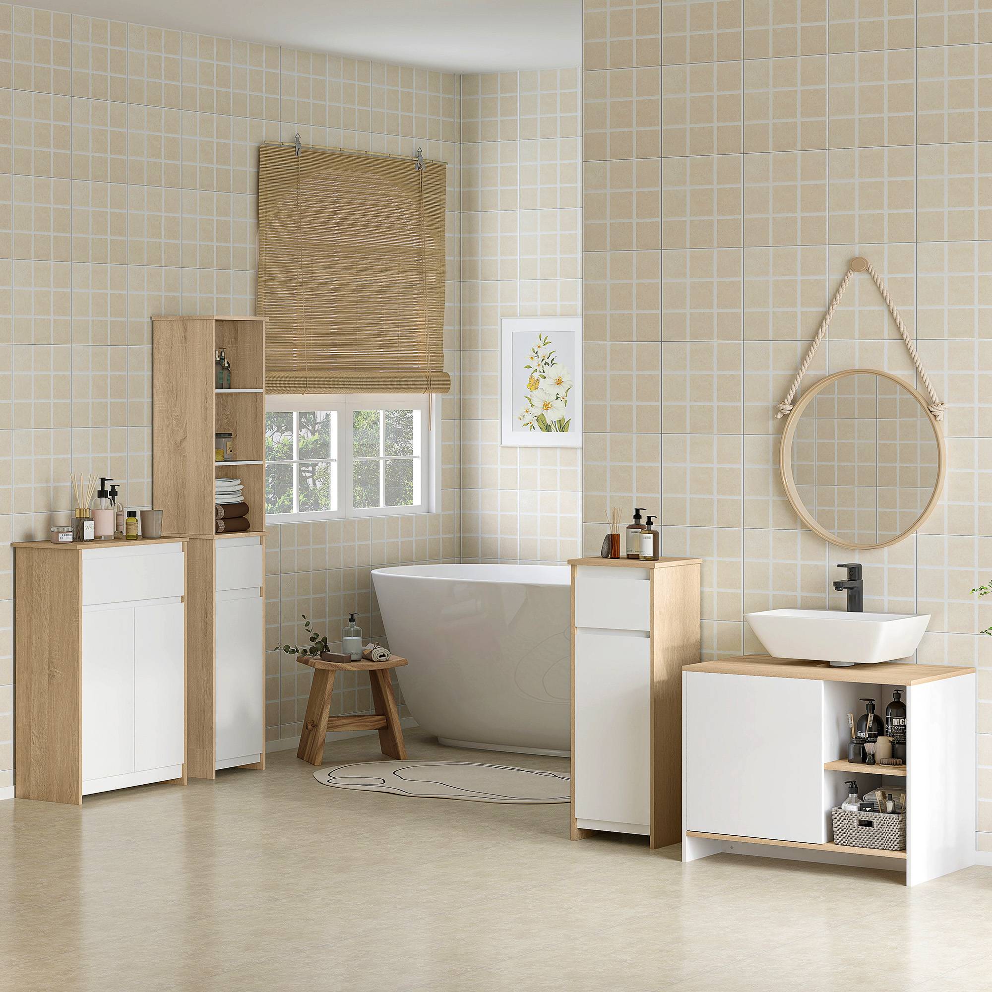 Meuble salle de bain avec tiroir, porte et système anti-basculement, rangement compact blanc naturel 32,6x30x90 cm - Image 2