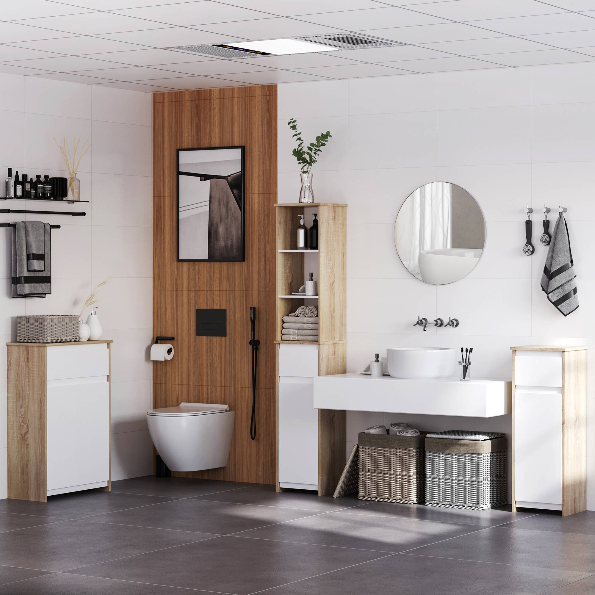 Meuble salle de bain avec tiroir, porte et système anti-basculement, rangement compact blanc naturel 32,6x30x90 cm - Image 3