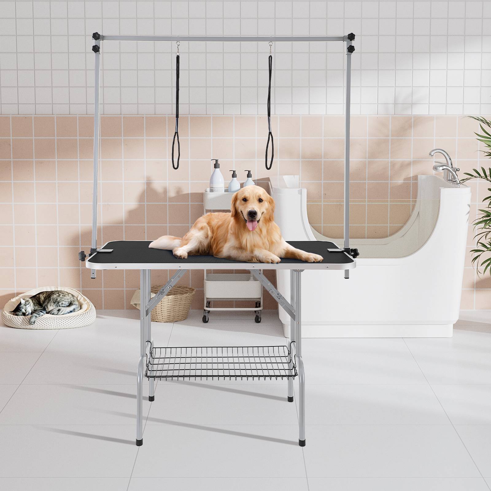 VEVOR Table toilettage chien pliable, charge 149,7 kg. 2 potences, panier rangement. - Image 8