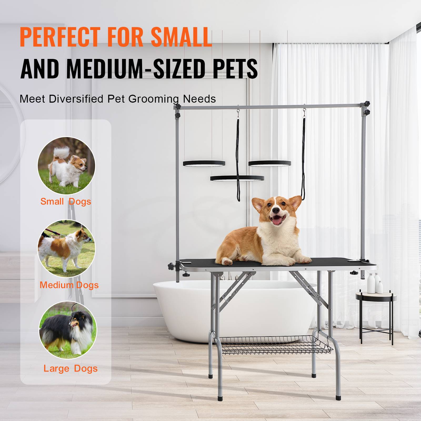 VEVOR Table toilettage chien pliable, charge 149,7 kg. 2 potences, panier rangement. - Image 6