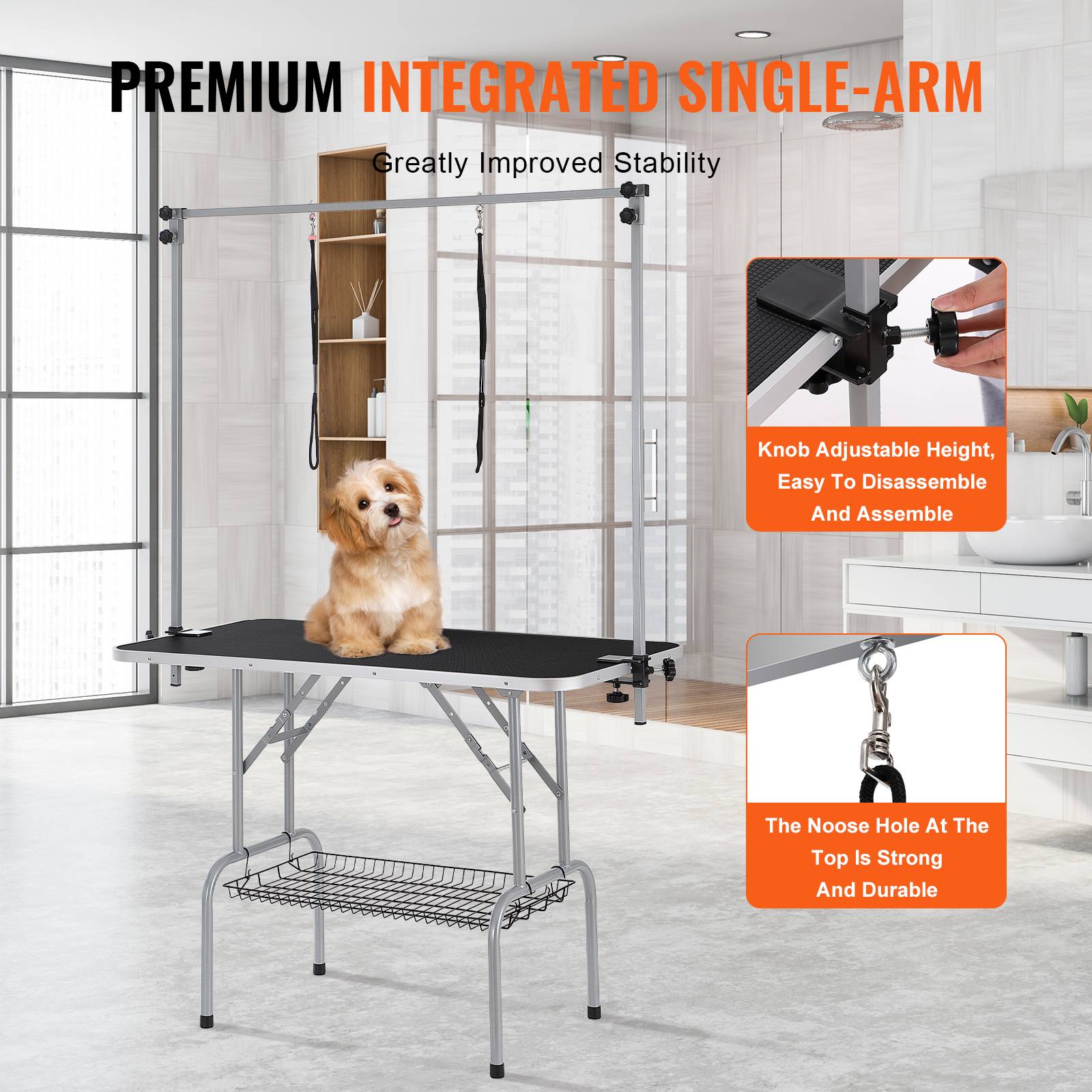 VEVOR Table toilettage chien pliable, charge 149,7 kg. 2 potences, panier rangement. - Image 4
