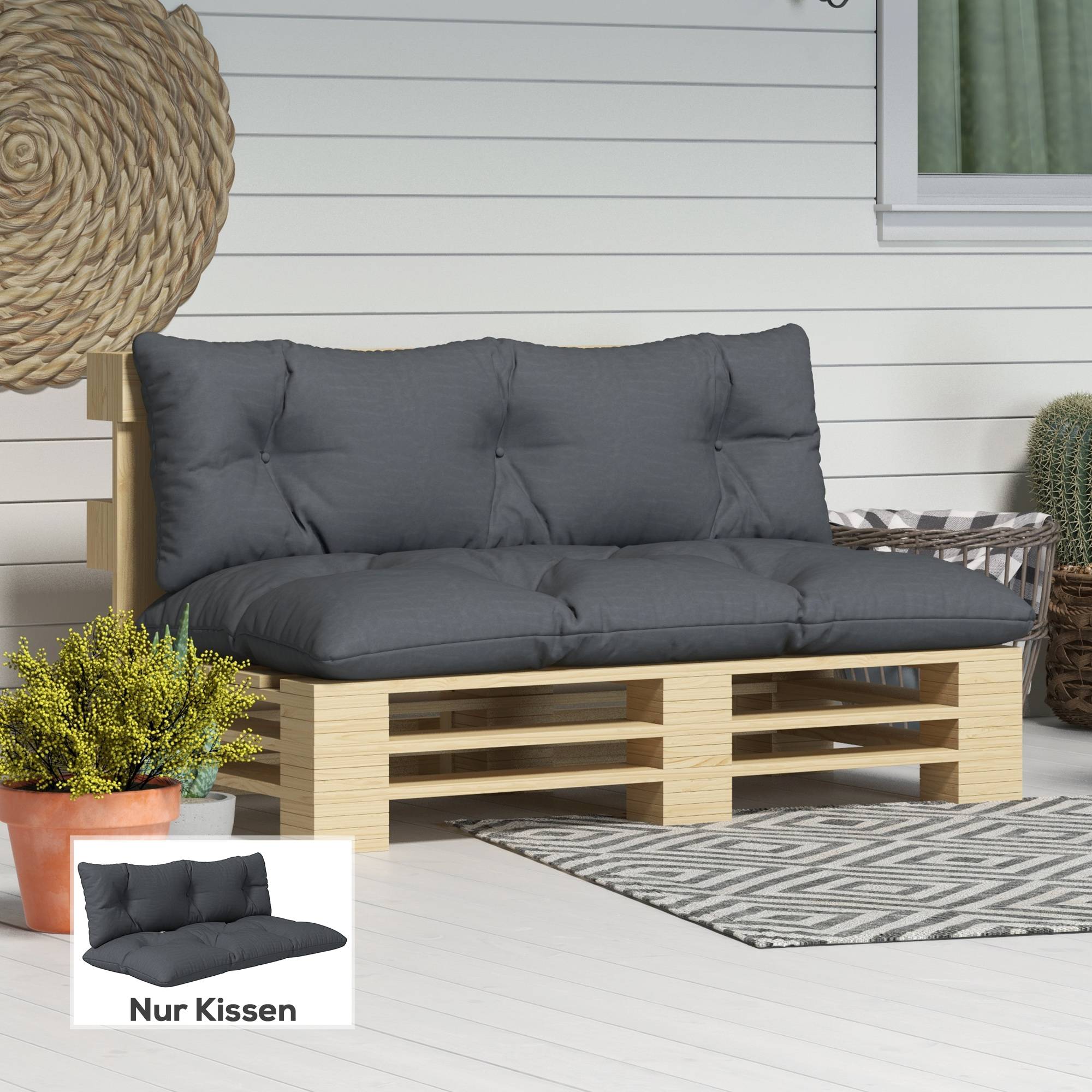 Ensemble de 2 coussins pour mobilier de jardin, résistant aux intempéries, capitonnés, 120 x 60 x 15 cm, gris - Image 3