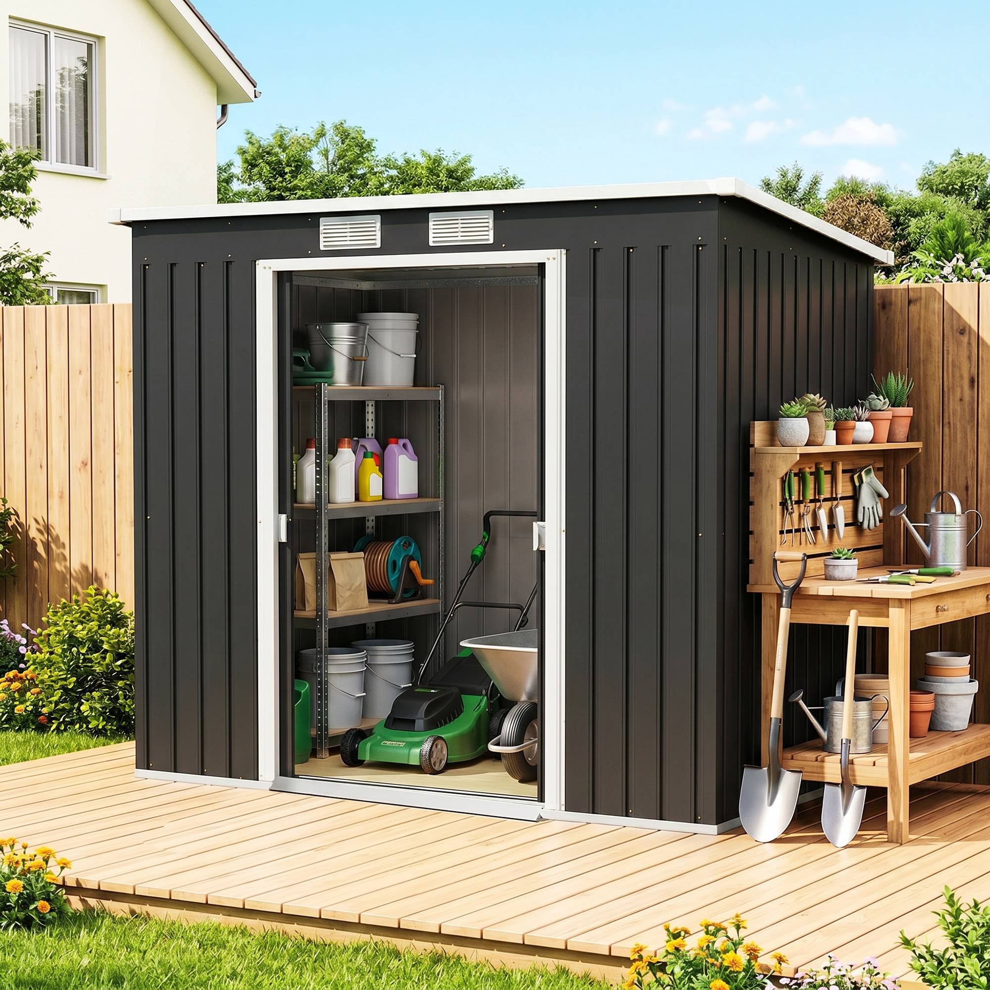 Abri de jardin extérieur 2,4 m² (213 x 130 x 172 cm) avec porte coulissante, toit en pente, base sans plancher ni fenêtres, gris - Image 3