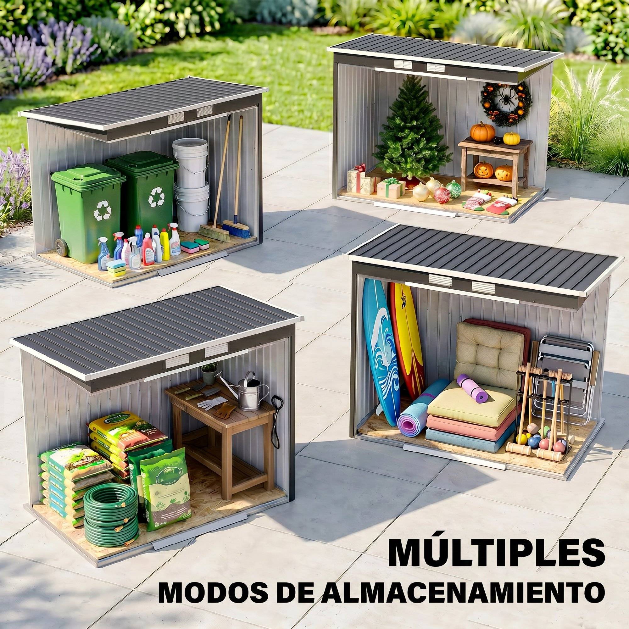 Abri de jardin extérieur 2,4 m² (213 x 130 x 172 cm) avec porte coulissante, toit en pente, base sans plancher ni fenêtres, gris - Image 10