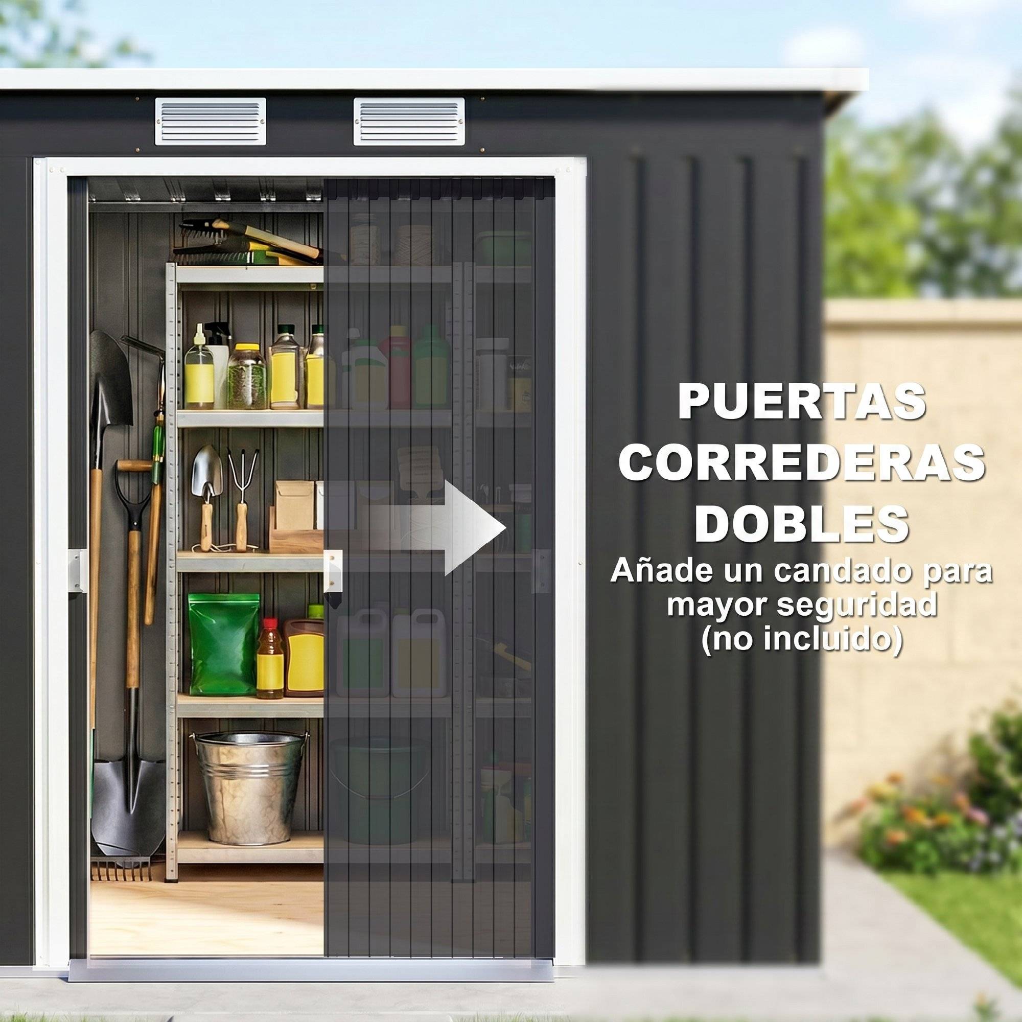 Abri de jardin extérieur 2,4 m² (213 x 130 x 172 cm) avec porte coulissante, toit en pente, base sans plancher ni fenêtres, gris - Image 7