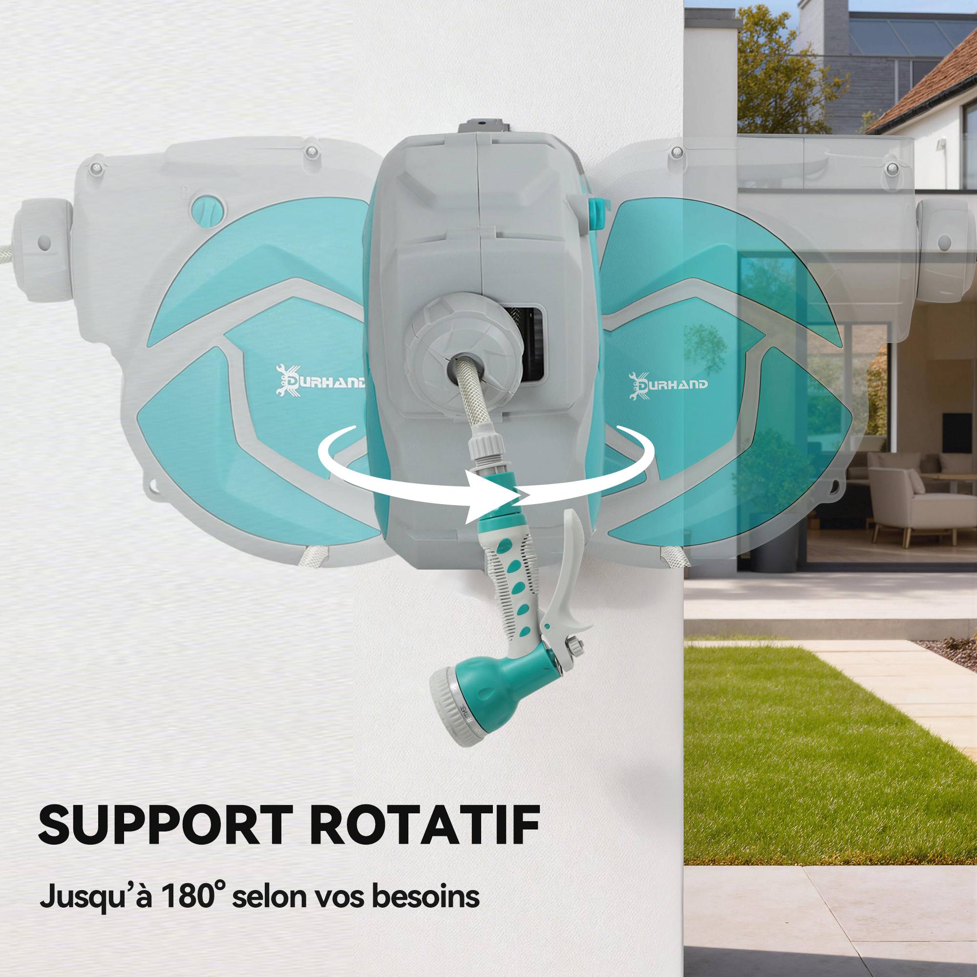 ComfortXL - Dévidoir mural automatique en plastique vert 10 + 1 m pour arrosage du jardin et terrasse avec buse à 7 jets - Image 6