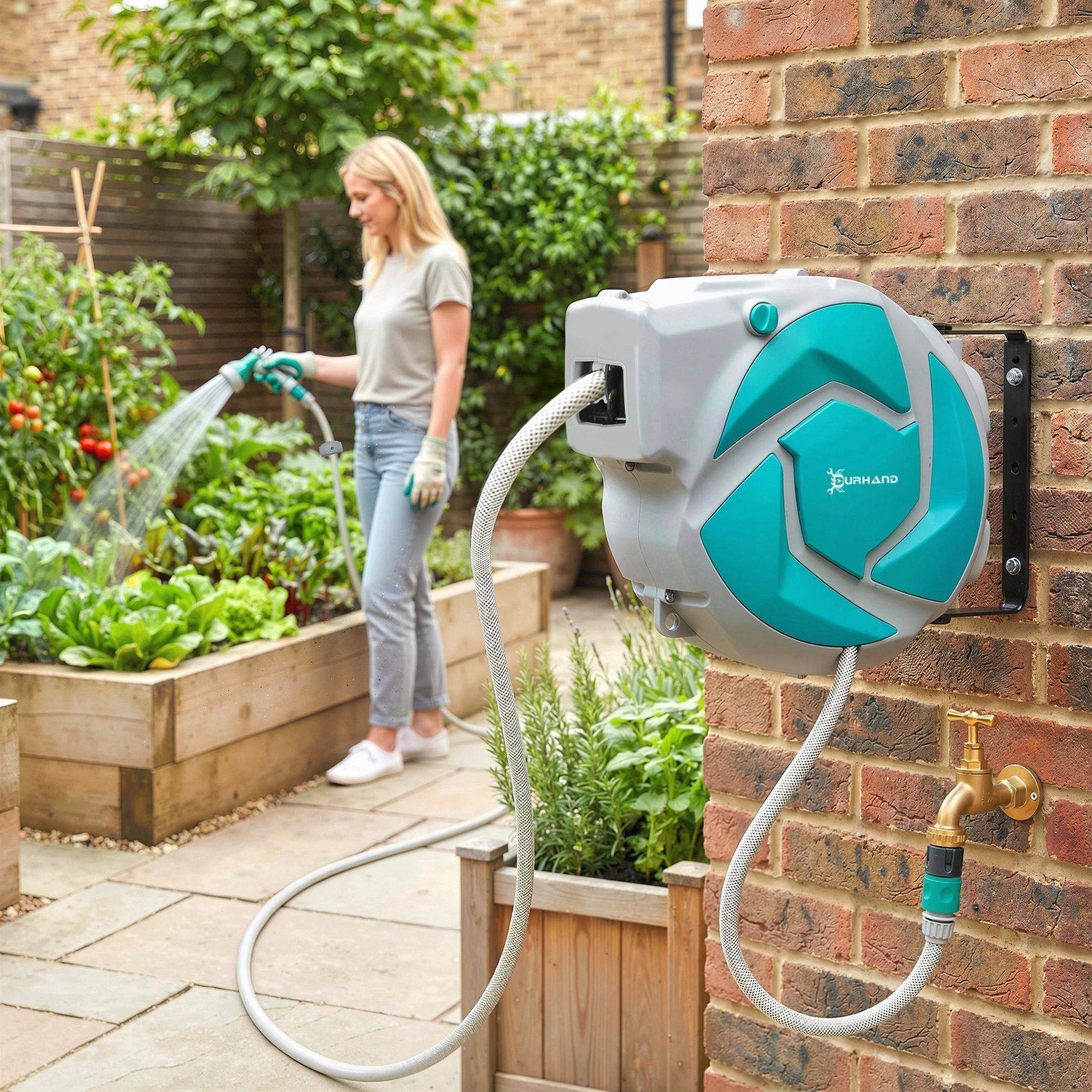 ComfortXL - Dévidoir mural automatique en plastique vert 10 + 1 m pour arrosage du jardin et terrasse avec buse à 7 jets - Image 1