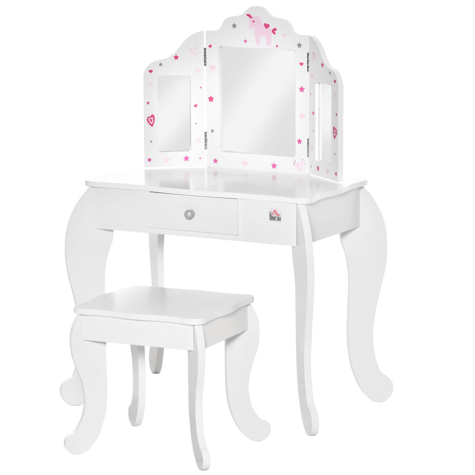 Sans Marque - Coiffeuse Enfant avec Tabouret, Miroir triptyque et tiroir Coulissant - Coiffeuse dim. 63L x 40l x 85,5H cm - Image 2