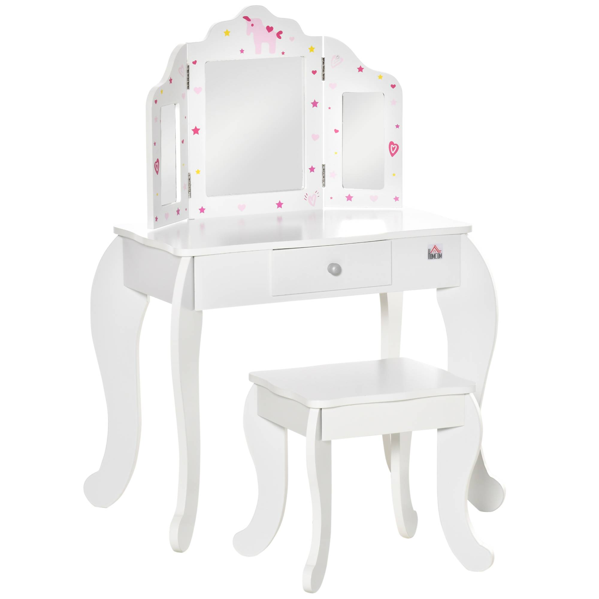 Sans Marque - Coiffeuse Enfant avec Tabouret, Miroir triptyque et tiroir Coulissant - Coiffeuse dim. 63L x 40l x 85,5H cm - Image 1
