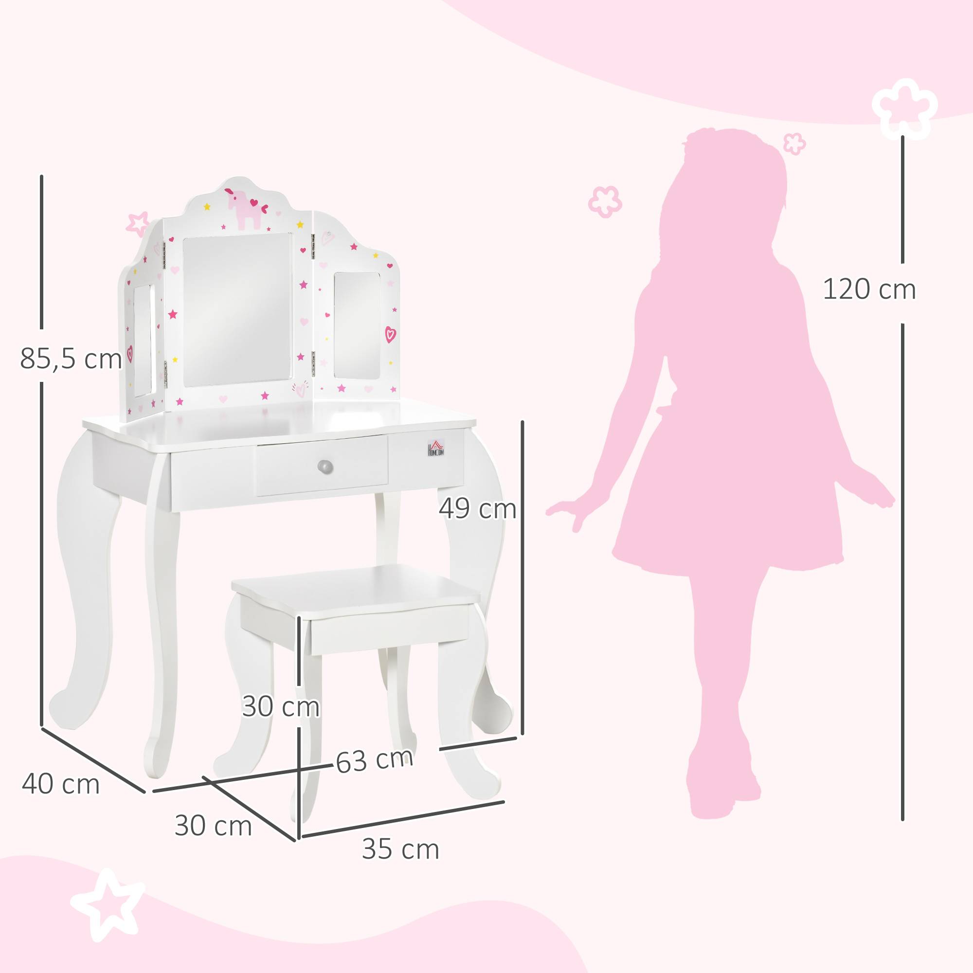 Sans Marque - Coiffeuse Enfant avec Tabouret, Miroir triptyque et tiroir Coulissant - Coiffeuse dim. 63L x 40l x 85,5H cm - Image 5