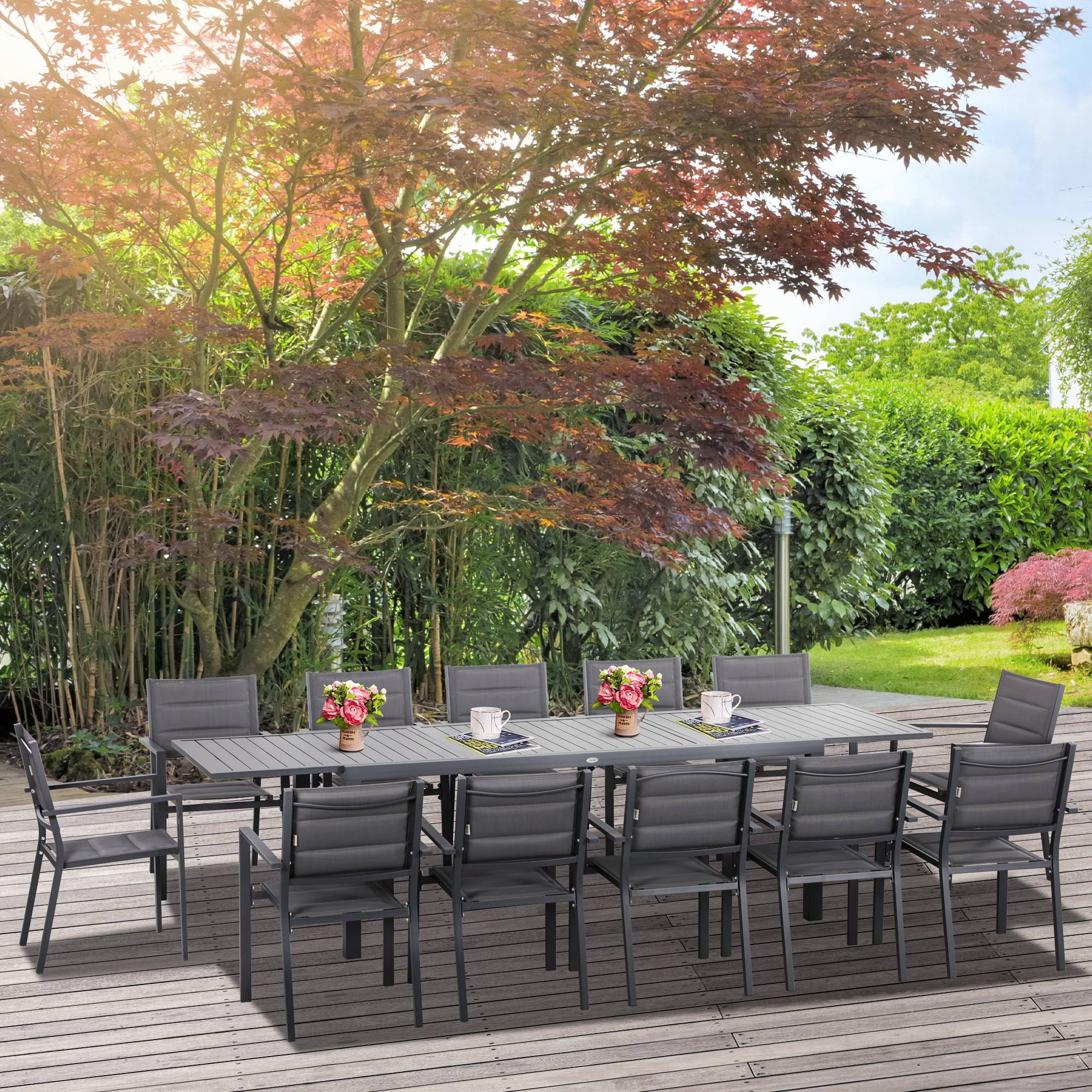 Outsunny - Ensemble de jardin 12 personnes chaises empilables table extensible 200/300L cm alu. textilène gris - Outsunny - Image 2