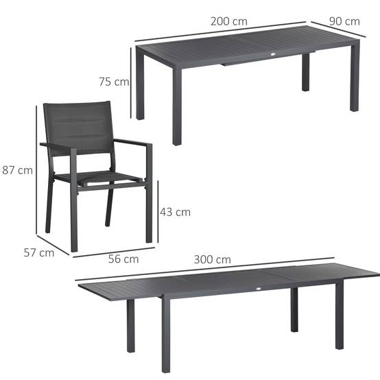 Outsunny - Ensemble de jardin 12 personnes chaises empilables table extensible 200/300L cm alu. textilène gris - Outsunny - Image 3