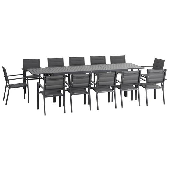 Outsunny - Ensemble de jardin 12 personnes chaises empilables table extensible 200/300L cm alu. textilène gris - Outsunny - Image 1