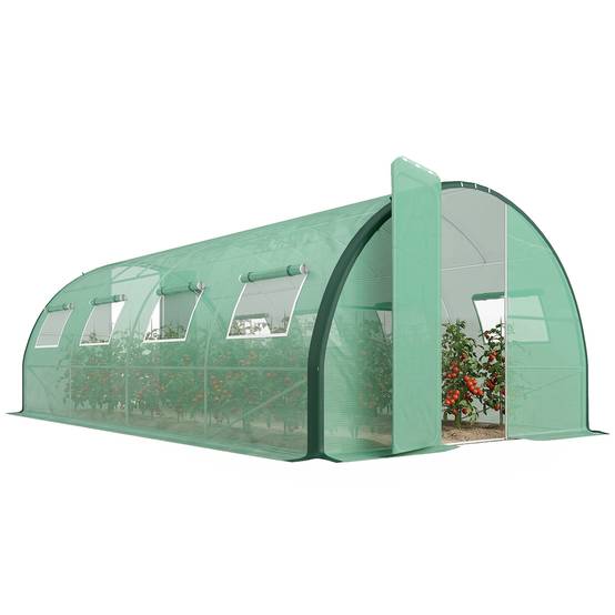 Serre de jardin tunnel serres tunnel 18 m² 8 fenêtres 2 portes articulées toile PE structure en fer galvanisé vert - Image 1