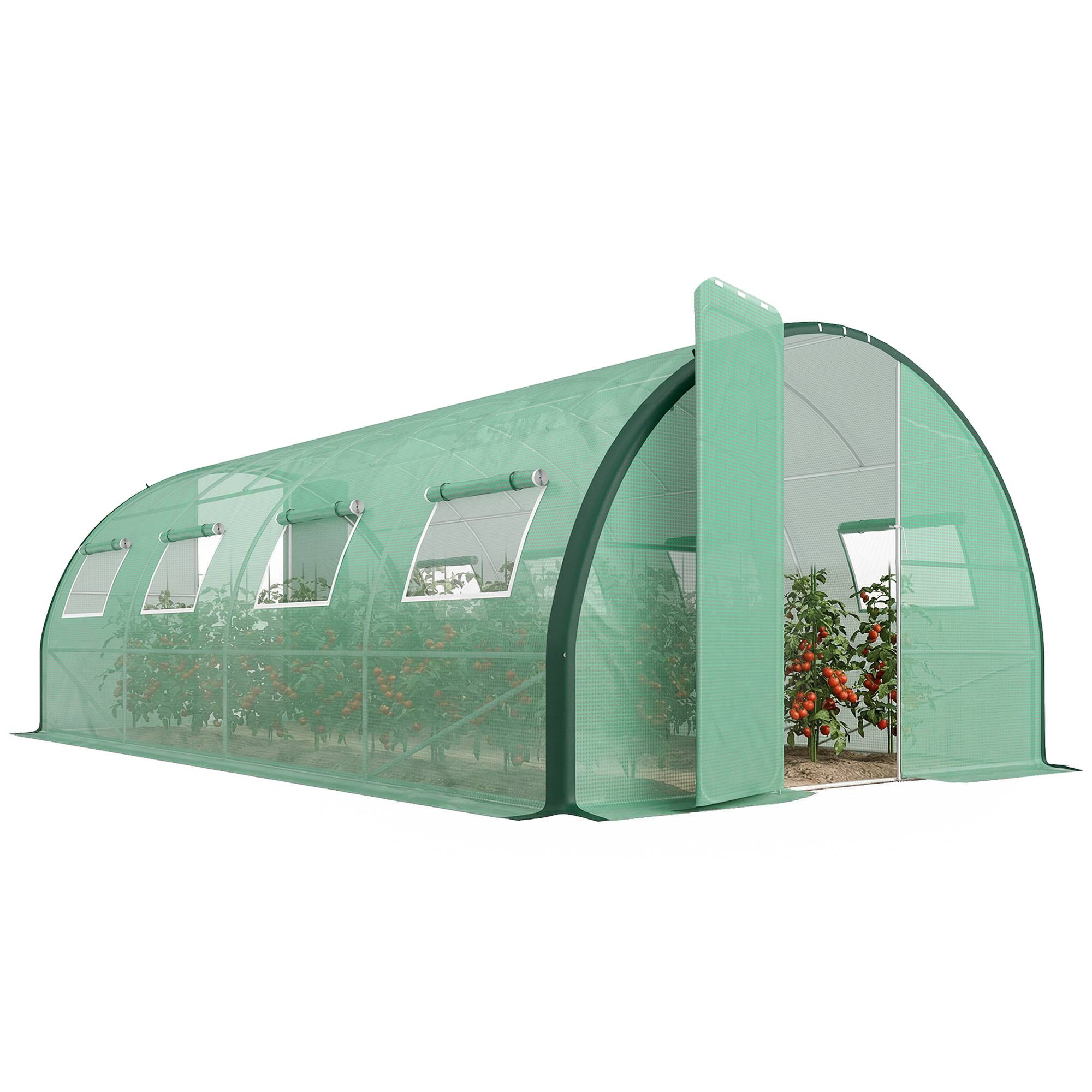 Serre de jardin tunnel serres tunnel 18 m² 8 fenêtres 2 portes articulées toile PE structure en fer galvanisé vert