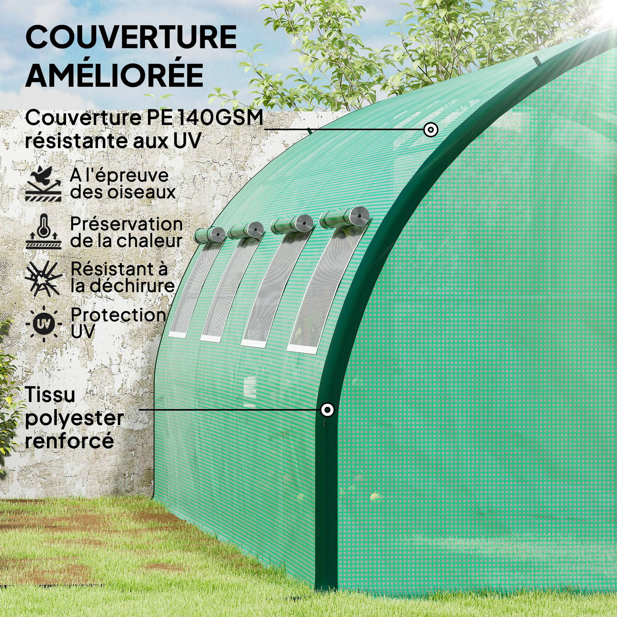 Serre de jardin tunnel serres tunnel 18 m² 8 fenêtres 2 portes articulées toile PE structure en fer galvanisé vert - Image 6