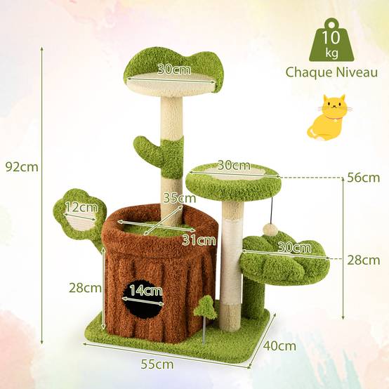 Petit Arbre à Chat 92 cm, Arbre a Chat Cactus, Condo, Poteaux et Planche à Griffer en Sisal, 4 Plateformes, Tour pour Chaton, Pompon, Jouet à Ressort - Image 3