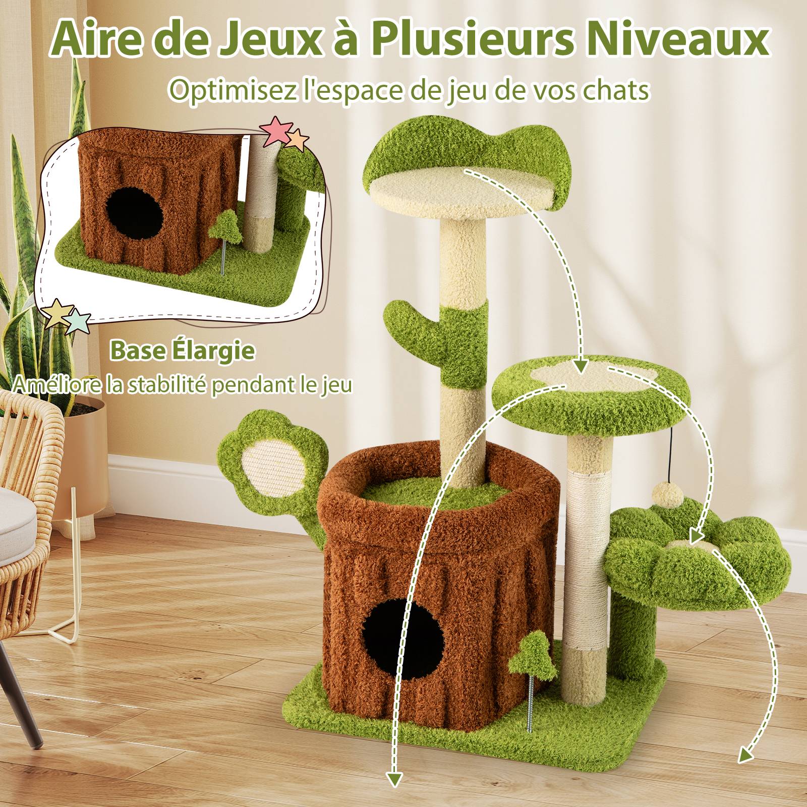 Petit Arbre à Chat 92 cm, Arbre a Chat Cactus, Condo, Poteaux et Planche à Griffer en Sisal, 4 Plateformes, Tour pour Chaton, Pompon, Jouet à Ressort - Image 5