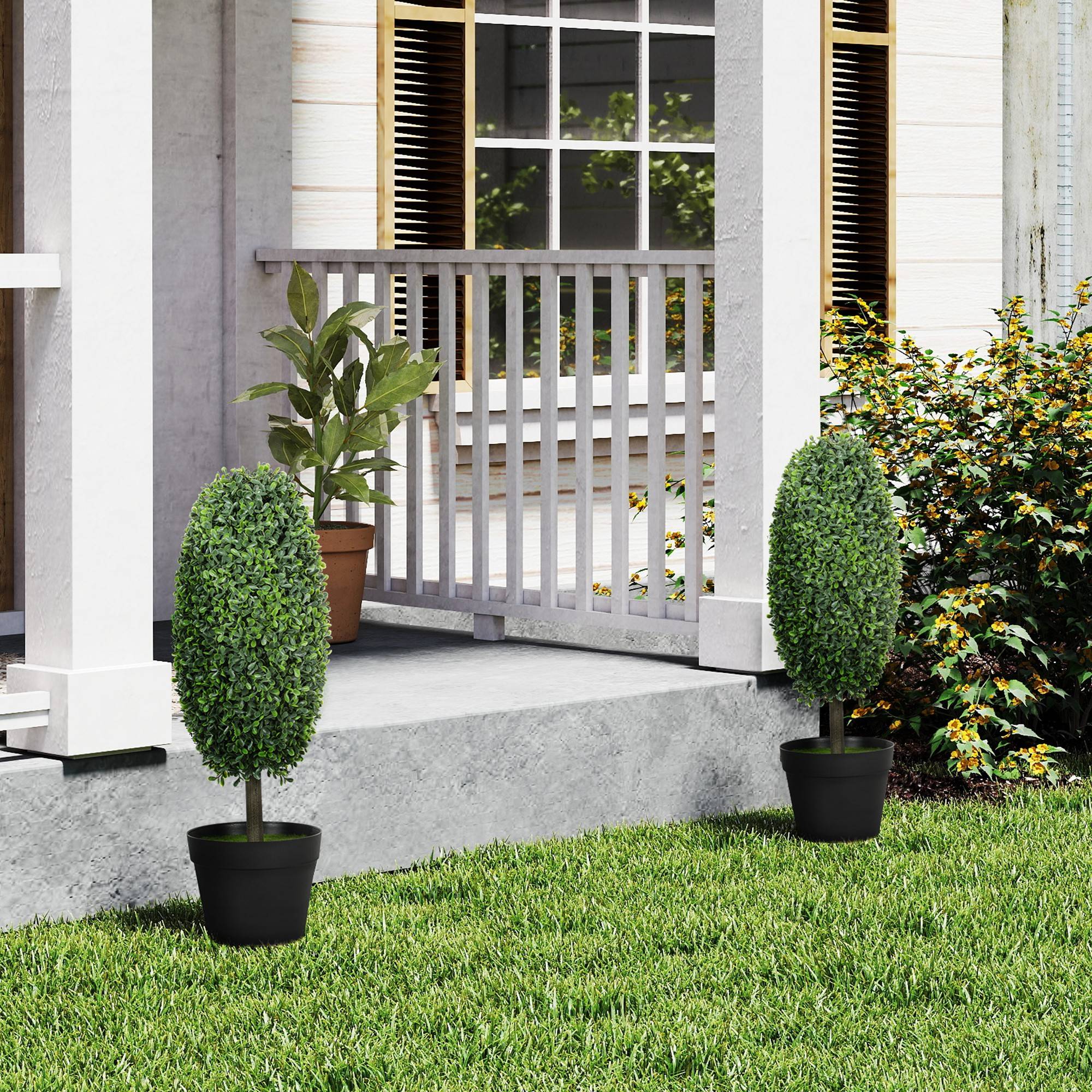 Lot 2 plantes artificielles arbres résistants UV pots plastique ciment vert - Image 3