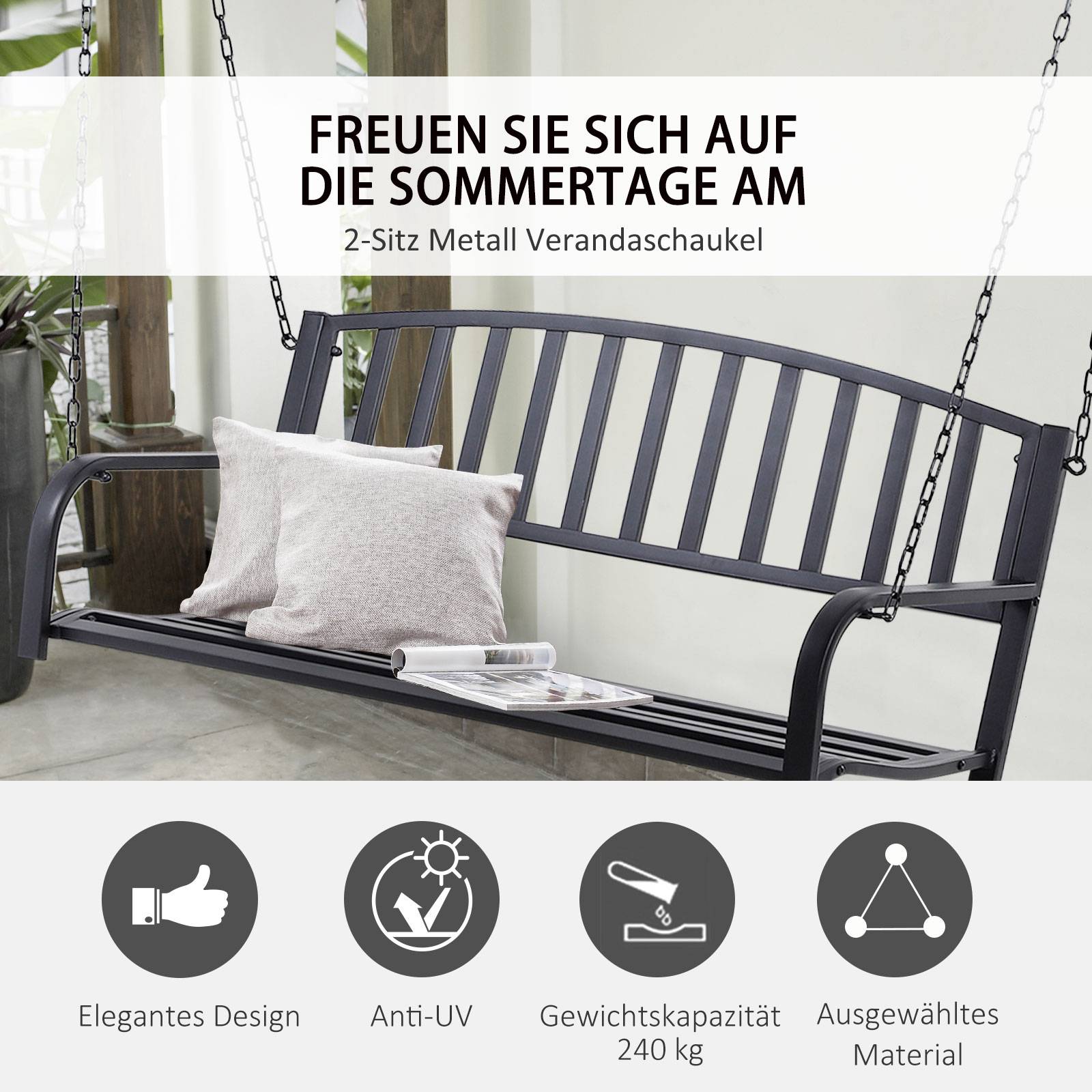 Banc Suspendu 2 Places Métal Noir Jardin Chaînes Incluses Assise Large 127x60cm - ComfortXL Outdoor Living - Image 6