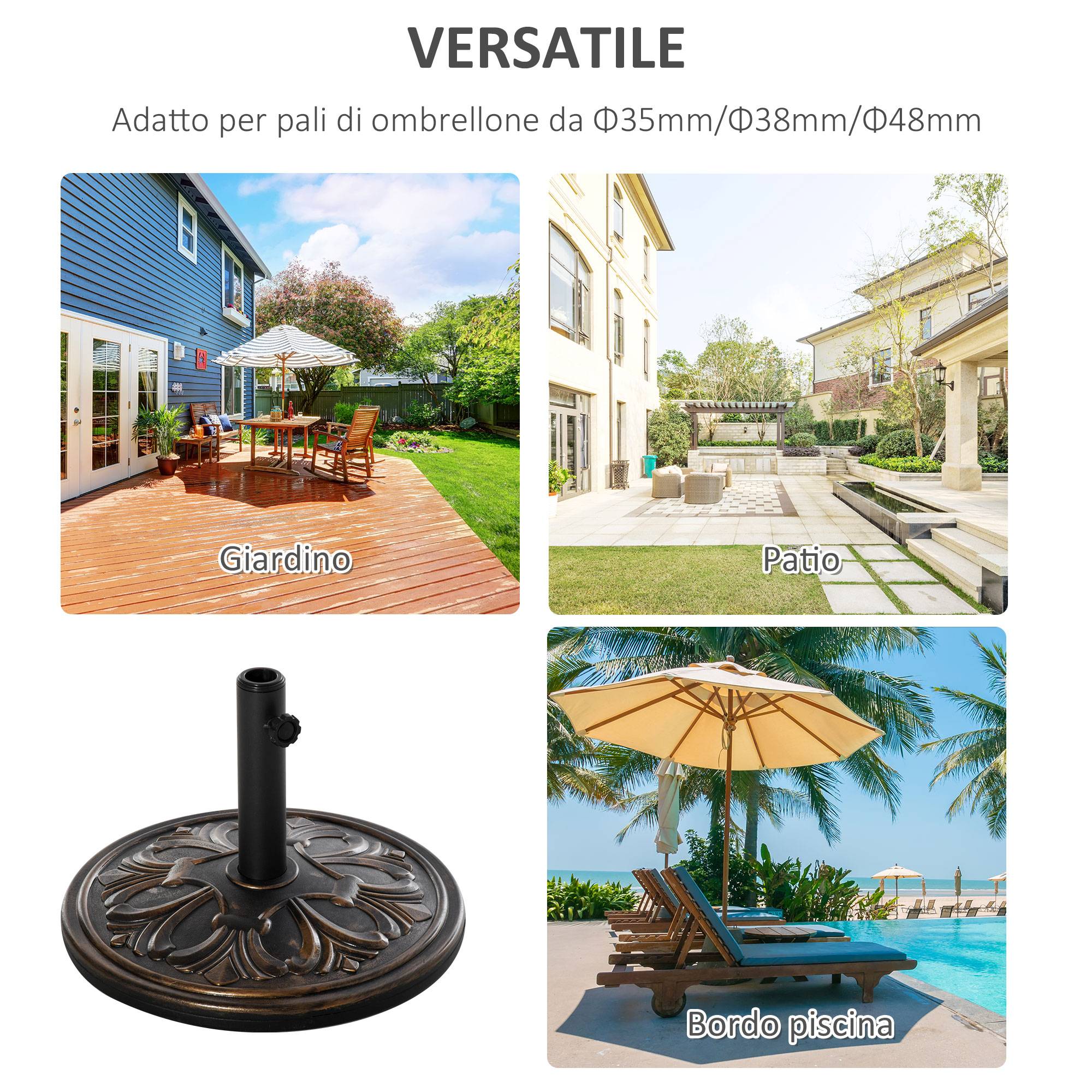 Base de parasol ronde Ø48x34 cm en plastique 13 kg pour mâts Ø35/38/48 mm, bronze - Image 7