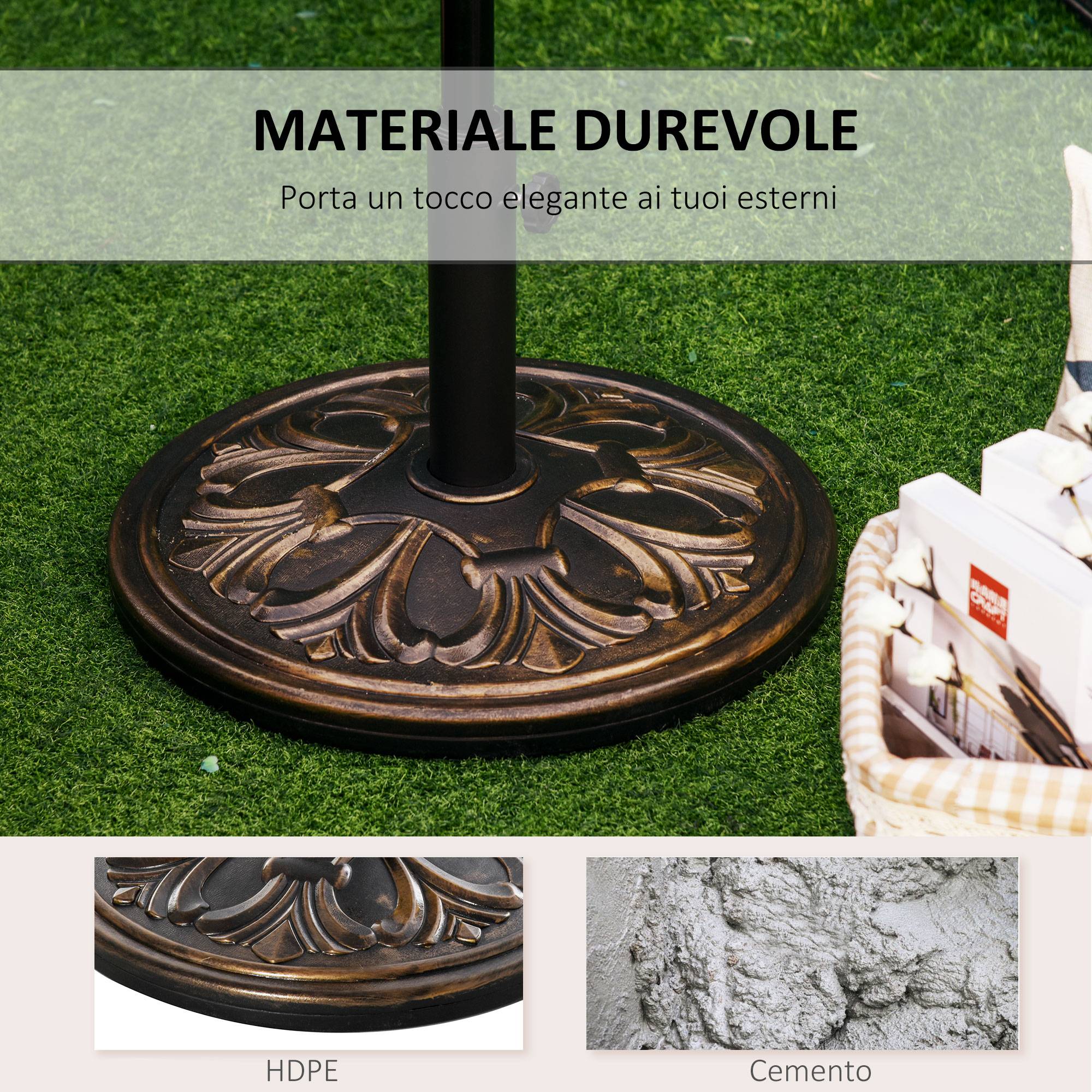 Base de parasol ronde Ø48x34 cm en plastique 13 kg pour mâts Ø35/38/48 mm, bronze - Image 6