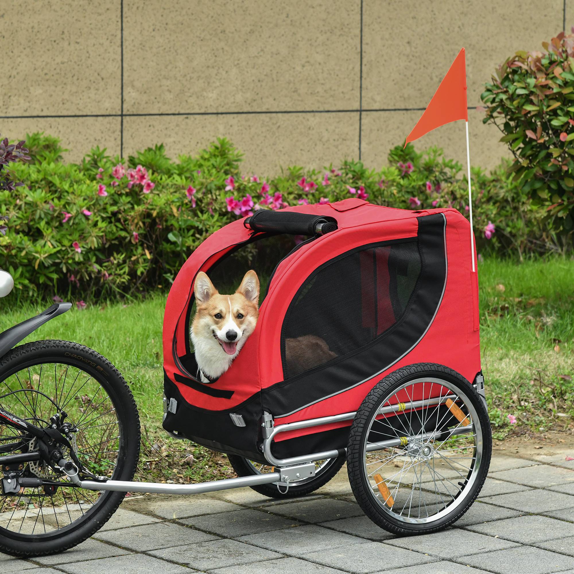Remorque vélo pour chien avec 1 drapeau et 8 réflecteurs, 130 x 73 x 90 cm, rouge et noire - Image 2
