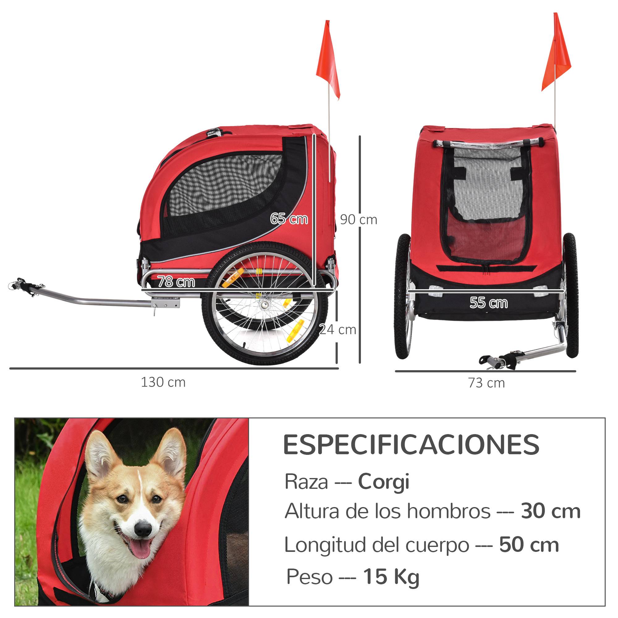 Remorque vélo pour chien avec 1 drapeau et 8 réflecteurs, 130 x 73 x 90 cm, rouge et noire - Image 4