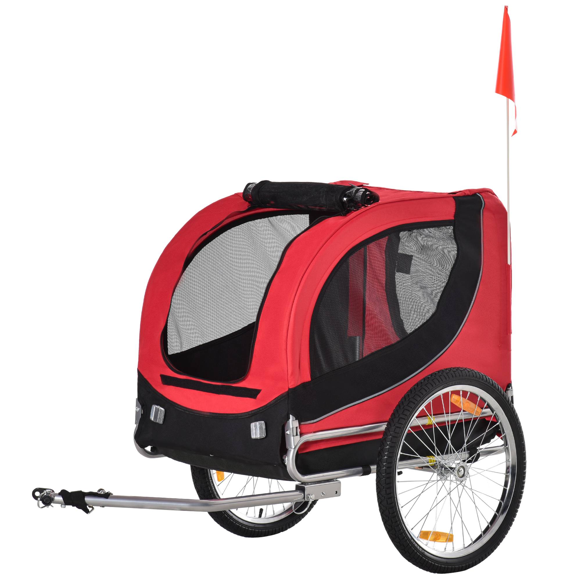 Remorque vélo pour chien avec 1 drapeau et 8 réflecteurs, 130 x 73 x 90 cm, rouge et noire - Image 1