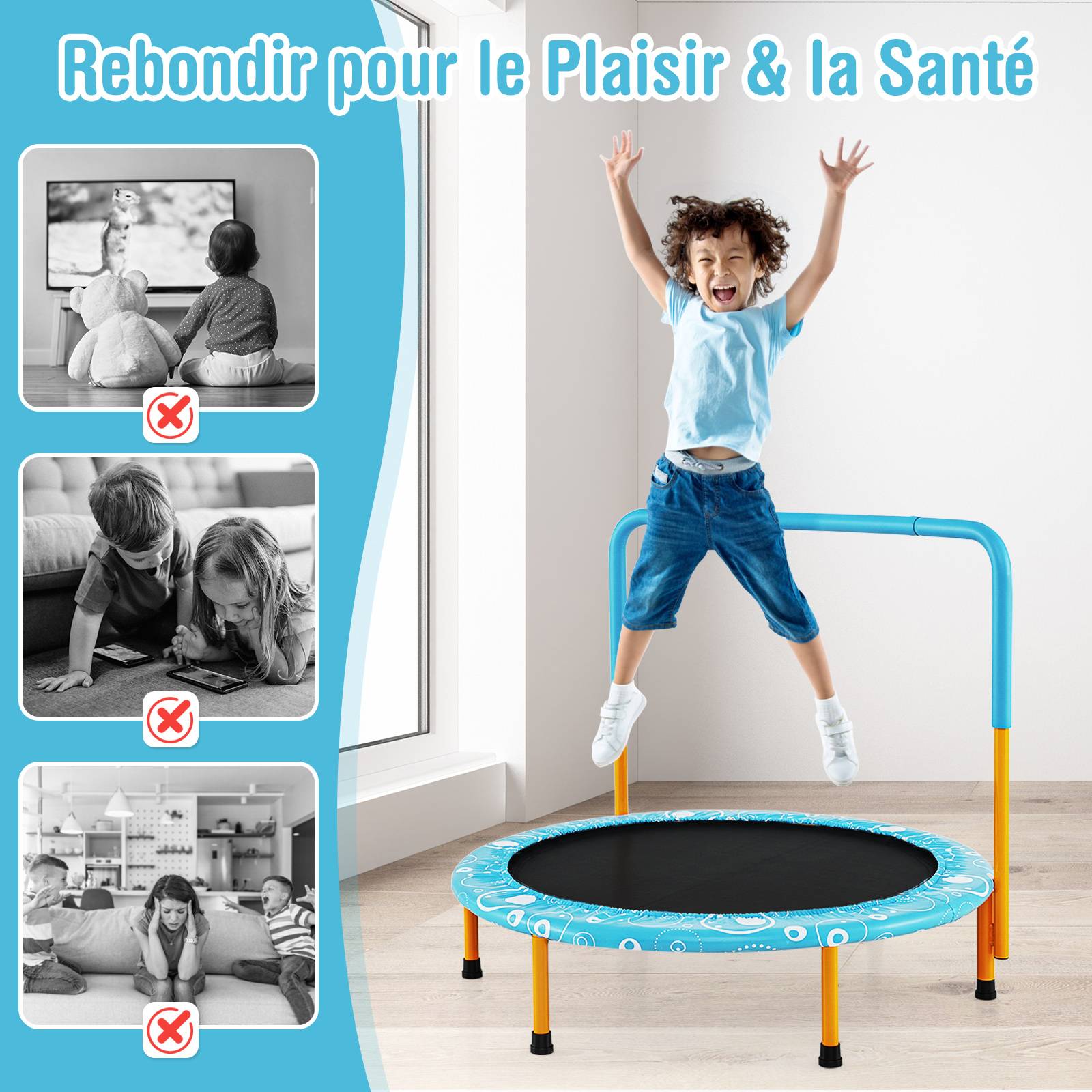 Costway - Mini Trampoline Enfants Pliable 92 cm avec Housse de Sécurité Matelassée et Poignée Recouverte, Charge maximale 150 KG, pour 3-10 Ans+ - Image 4