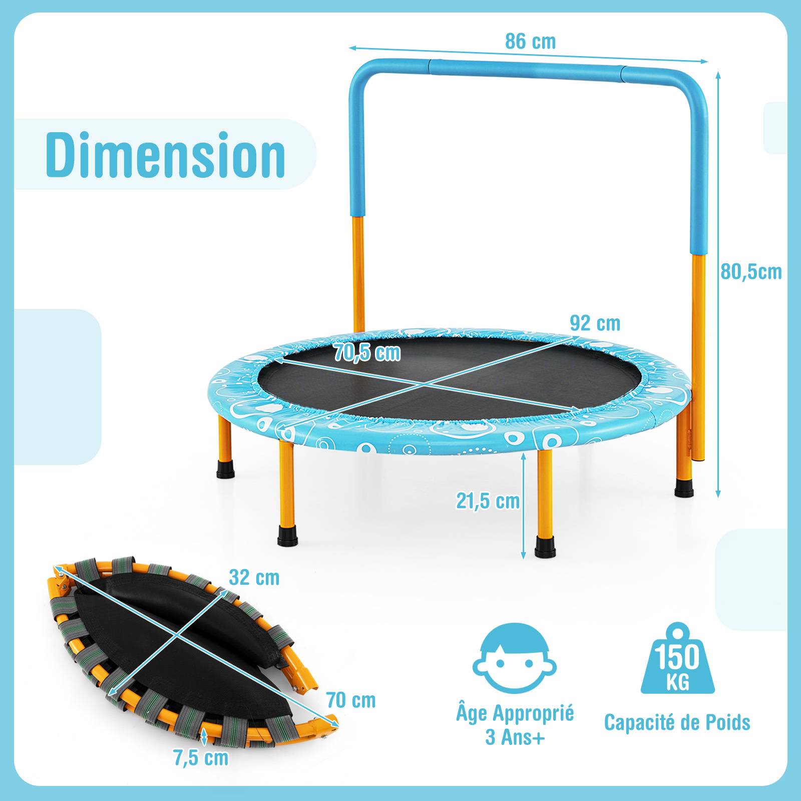 Costway - Mini Trampoline Enfants Pliable 92 cm avec Housse de Sécurité Matelassée et Poignée Recouverte, Charge maximale 150 KG, pour 3-10 Ans+ - Image 3
