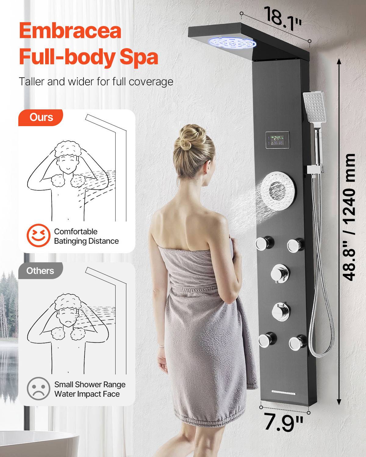 Vevor - VEVOR Colonne douche inox brosse 1345mm pommeau pluie LED robinet 6 fonctions 5 jets et douchette - Image 2