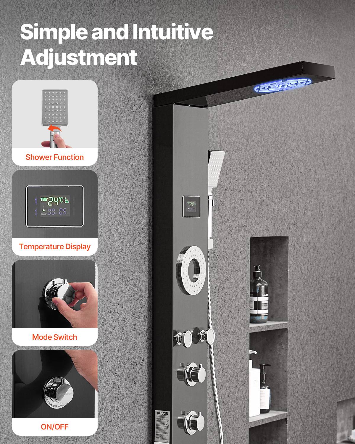 Vevor - VEVOR Colonne douche inox brosse 1345mm pommeau pluie LED robinet 6 fonctions 5 jets et douchette - Image 5