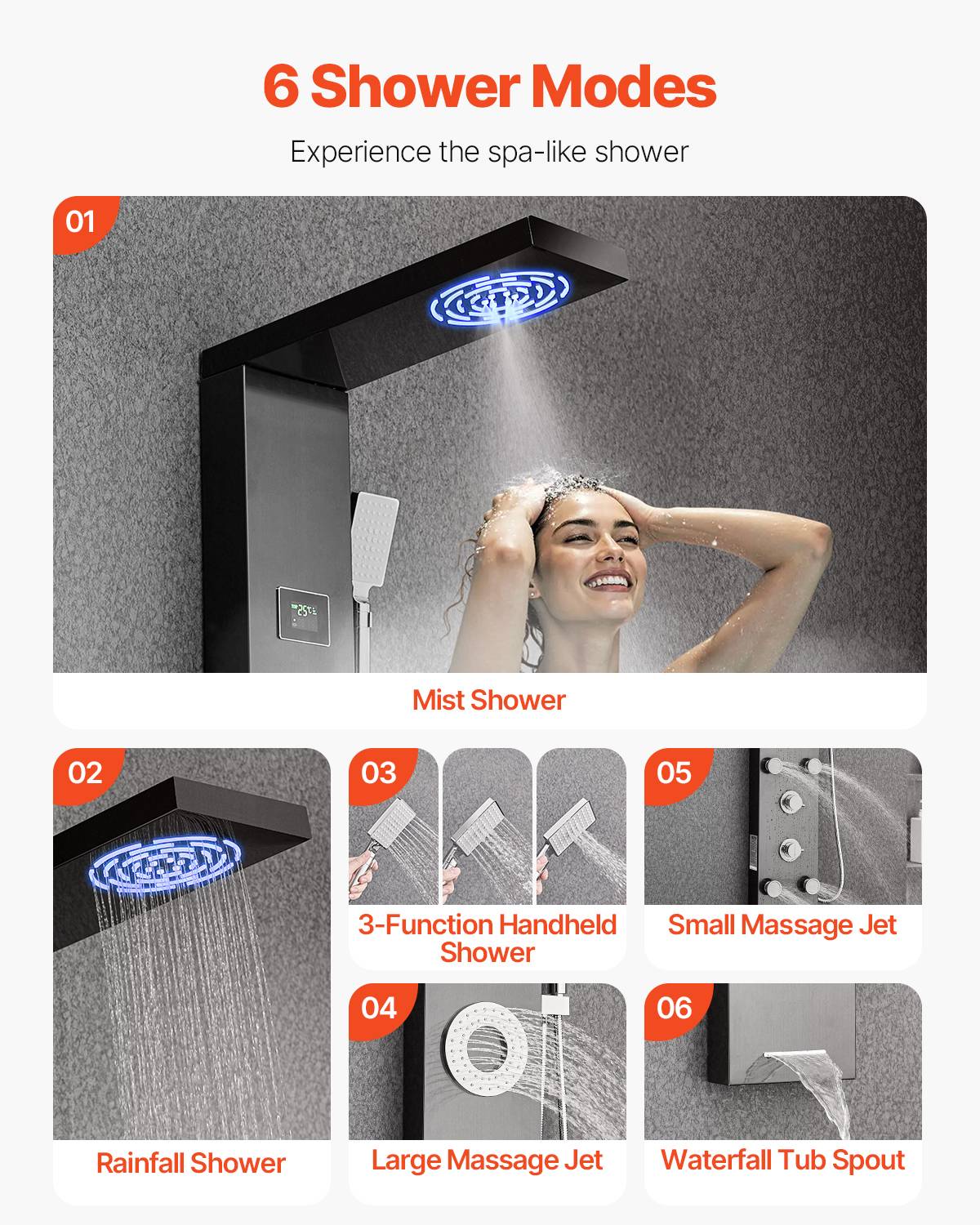 Vevor - VEVOR Colonne douche inox brosse 1345mm pommeau pluie LED robinet 6 fonctions 5 jets et douchette - Image 3