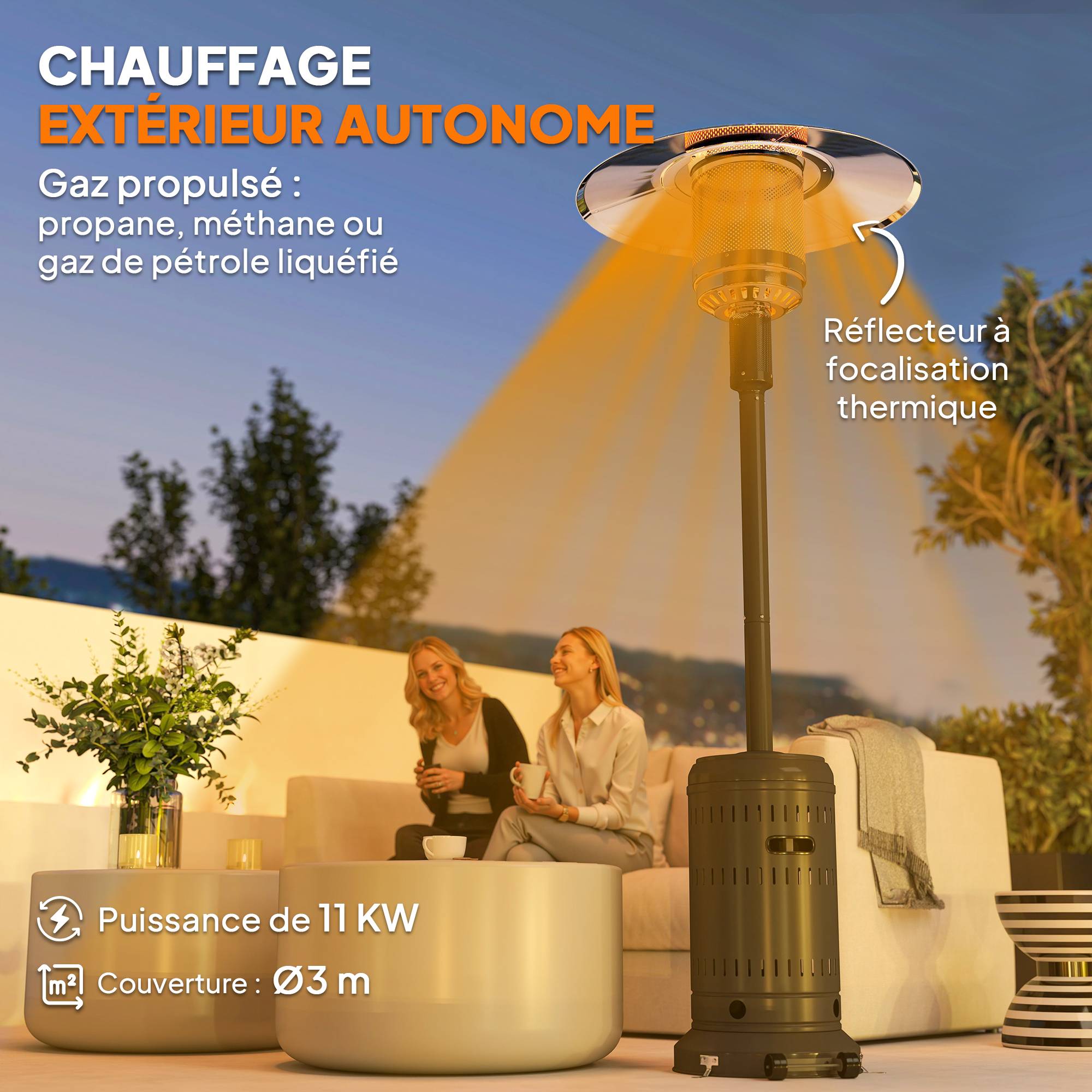 Chauffage de terrasse au gaz portable, puissance réglable, structure robuste, finition noire - Image 6