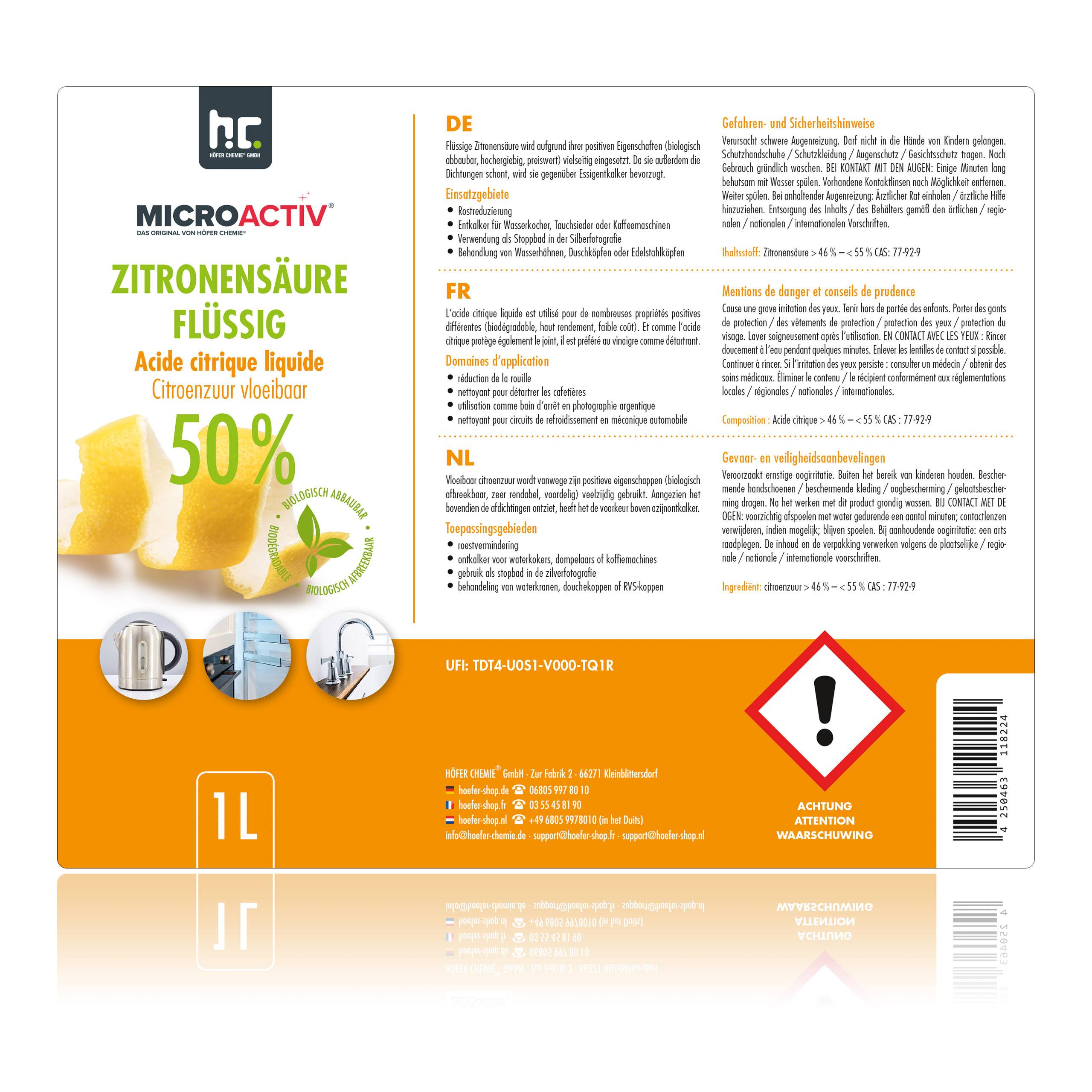 Acide Citrique Liquide 50% MICROACTIV® détartrant en bouteille de 1 L x 1 - Image 4