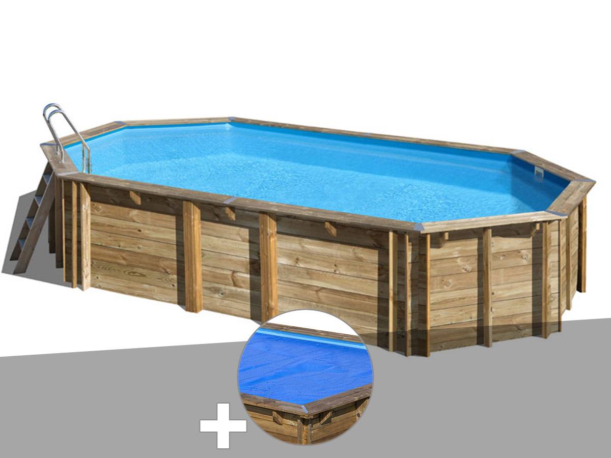 Gré - Kit piscine bois Gré Orange 7,55 x 4,56 x 1,46 m + Bâche à bulles