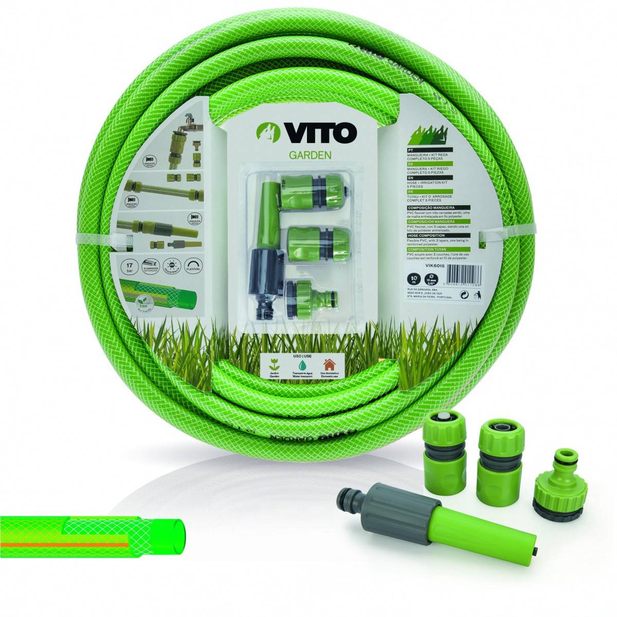 Vito - Tuyau d'arrosage 15mm 10 m KIT PVC lance multi jet + 2 raccords + nez de robinet VITO