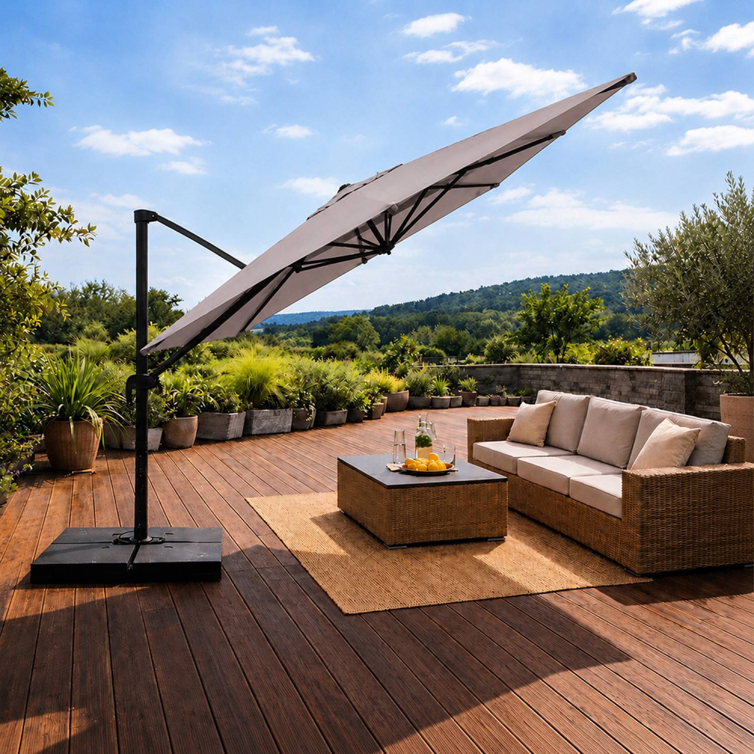 Parasol rectangulaire 3x4 déporté rotatif gris en aluminium CEZIR - Image 5