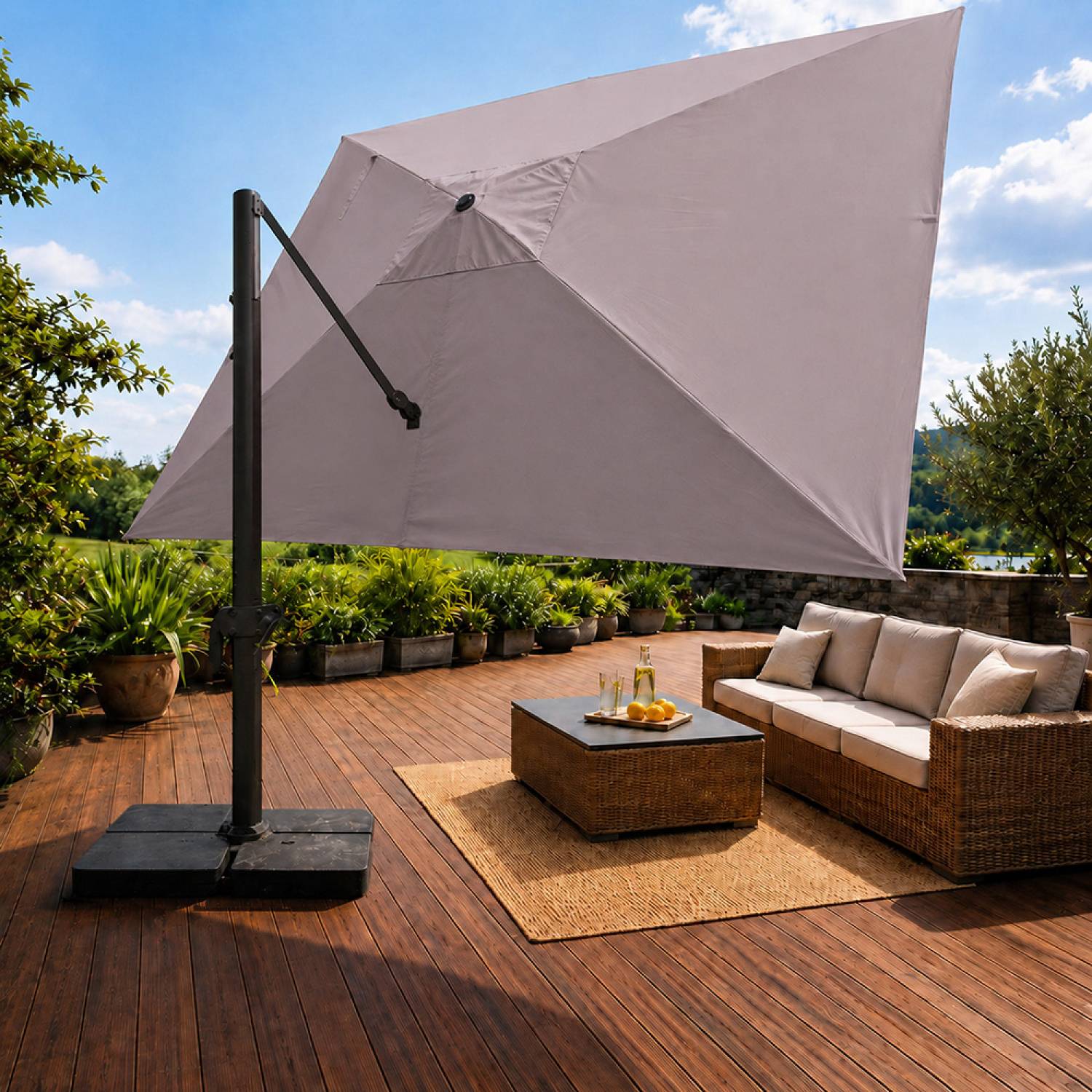 Parasol rectangulaire 3x4 déporté rotatif gris en aluminium CEZIR - Image 6