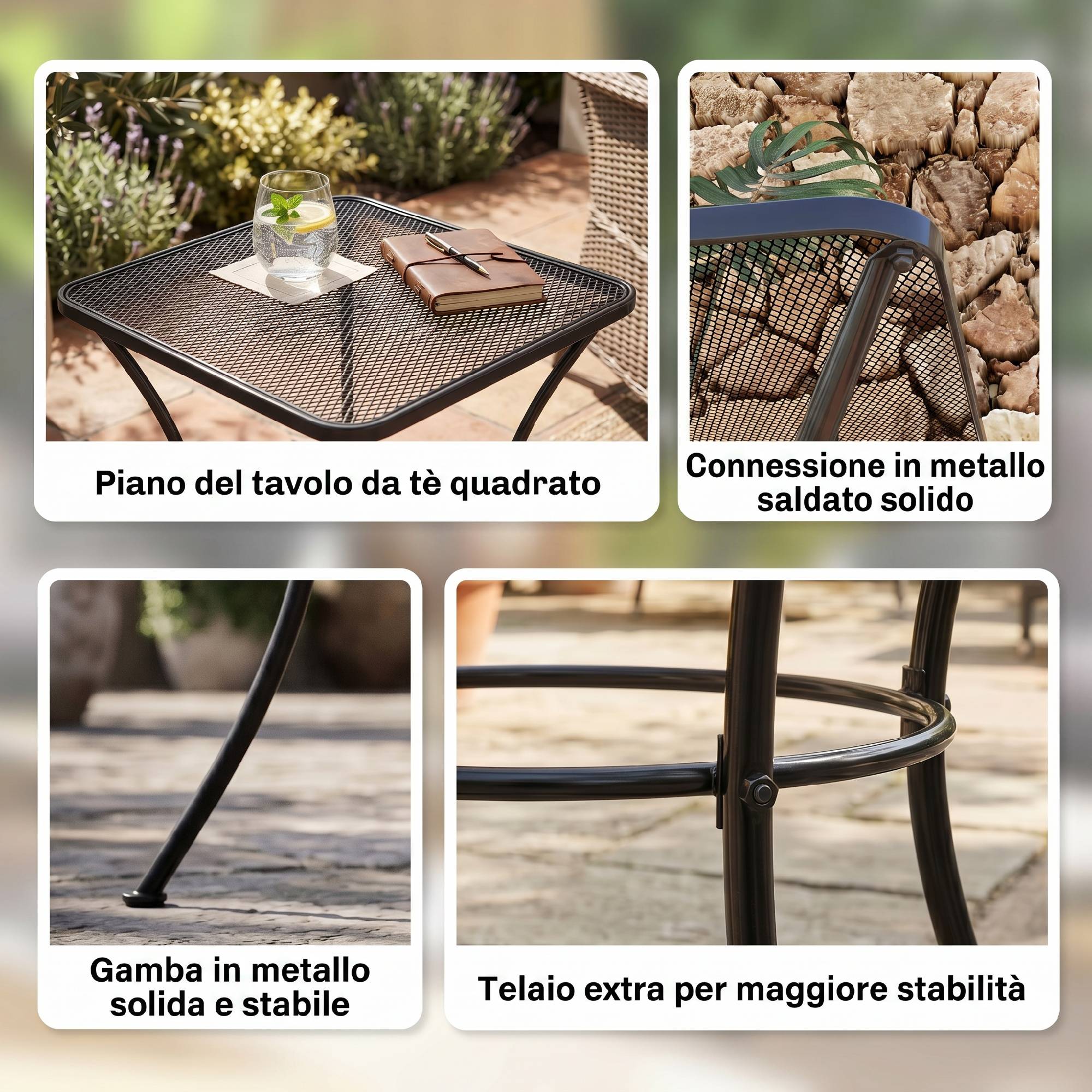 Table de jardin carrée en acier avec plateau perforé, 45x45x50 cm, noire - Image 7