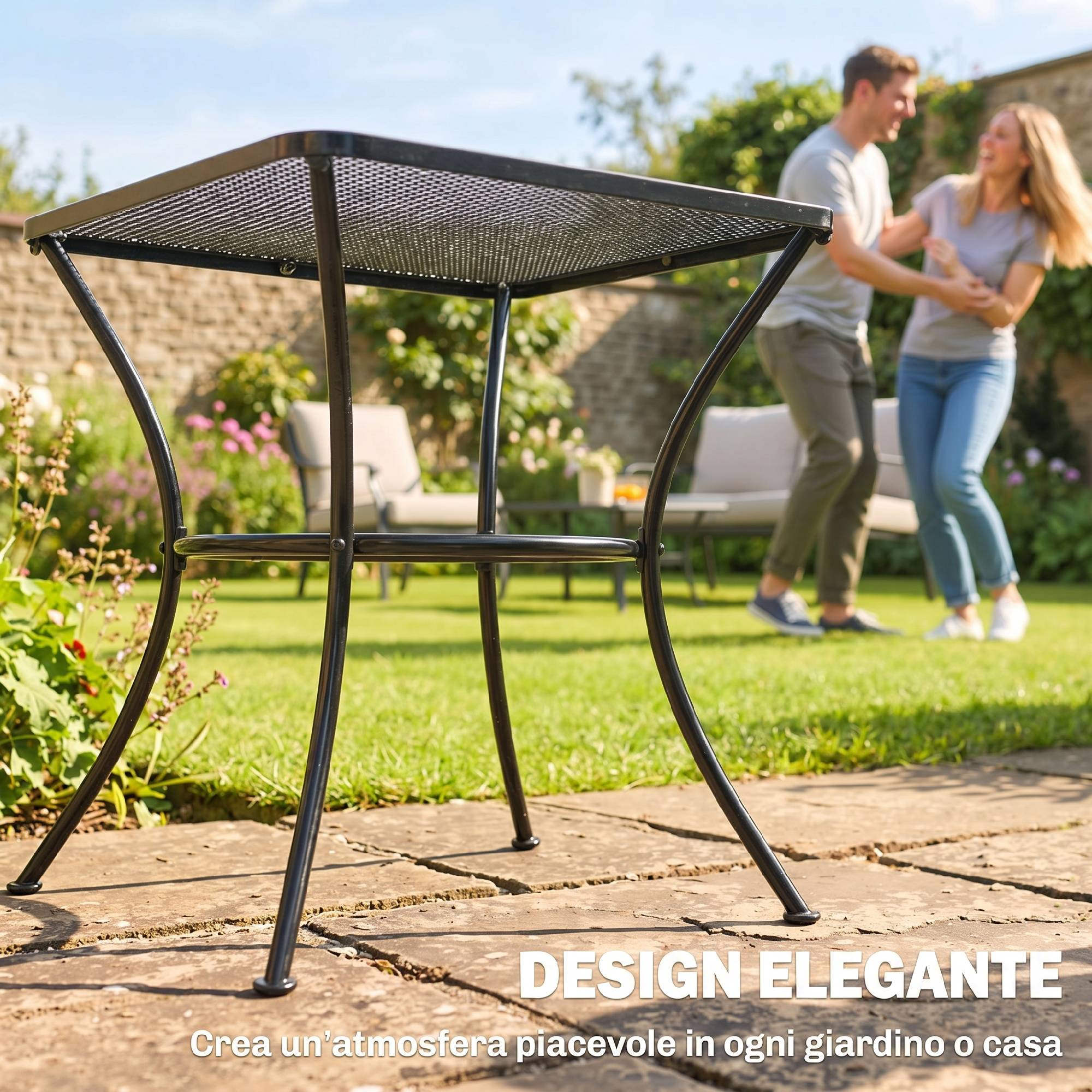 Table de jardin carrée en acier avec plateau perforé, 45x45x50 cm, noire - Image 6
