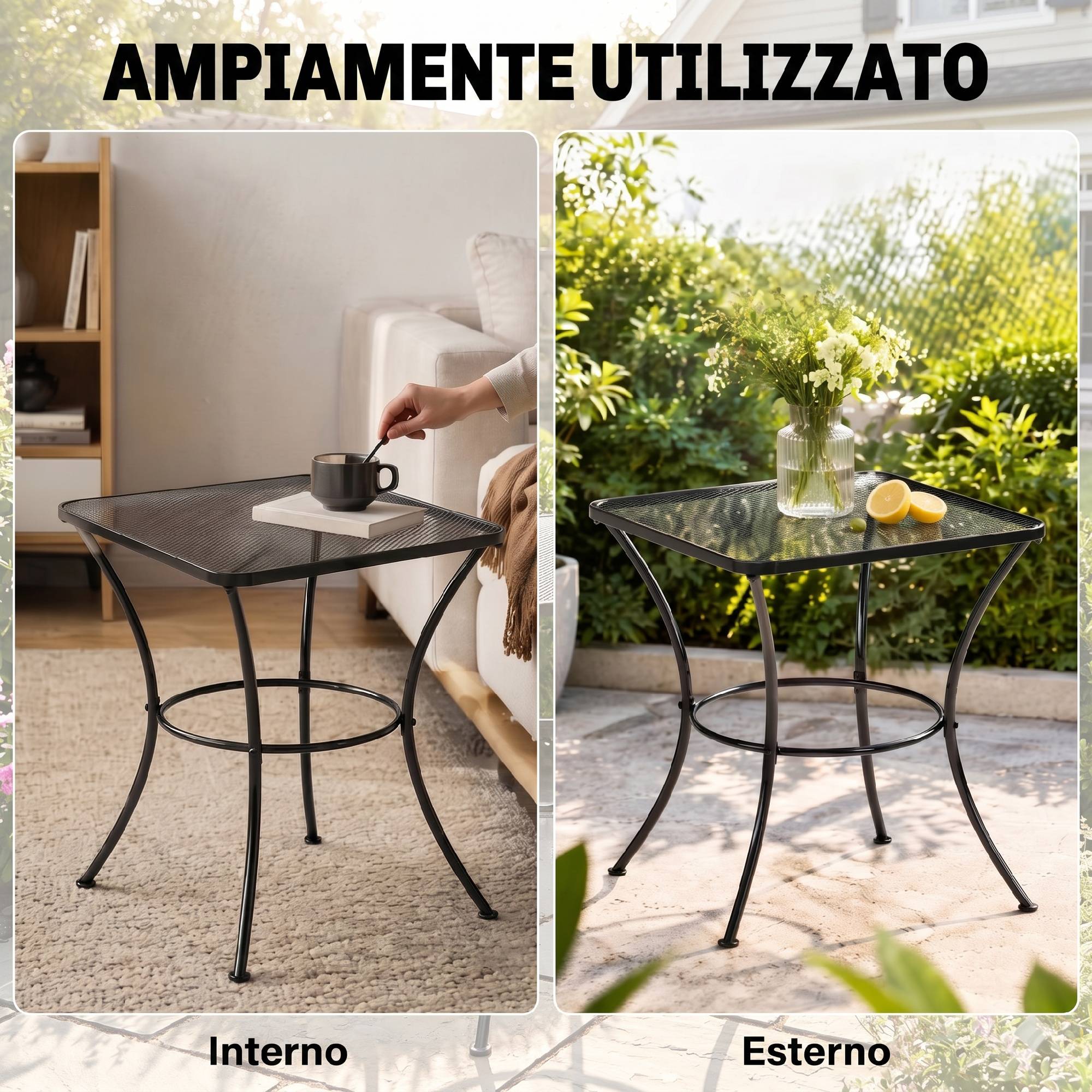 Table de jardin carrée en acier avec plateau perforé, 45x45x50 cm, noire - Image 8