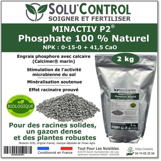 SOLU’CONTROL - 2 kg de Minactiv P2® – Engrais phosphate naturel – Avec Calcimer® marin et stimulateur microbien – Racines solides, gazon dense - Image 1