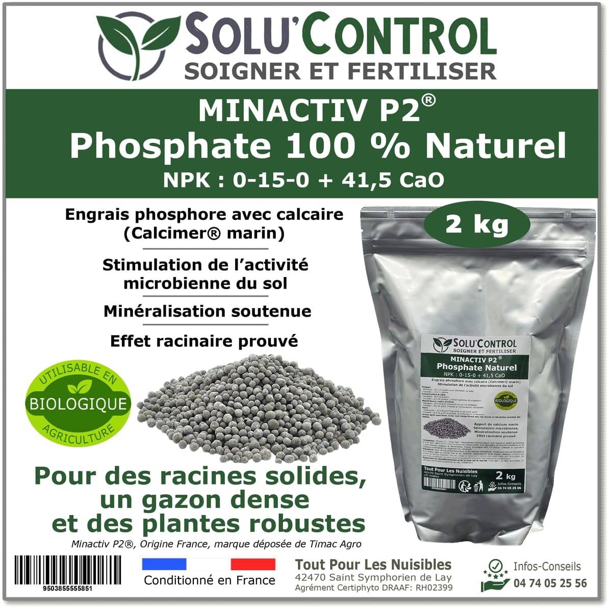 SOLU’CONTROL - 2 kg de Minactiv P2® – Engrais phosphate naturel – Avec Calcimer® marin et stimulateur microbien – Racines solides, gazon dense - Image 1